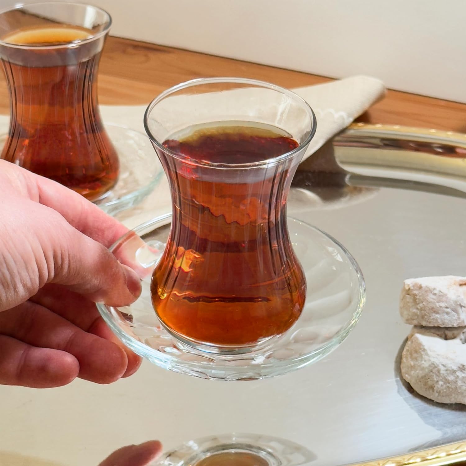 Turkish Tea Glass Set of 6 with Saucers, Spiral Pattern Traditional Slim Waist Design, 4.5 oz Heat-Retaining Thick Base Glasses with Saucers, Elegant Clear Design, Useful Set (12 Pieces) - Image 3