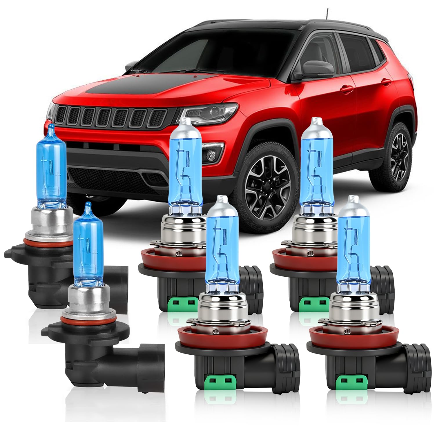 HMCYCI Fit For Jeep Compass 2014-2020 Headlight Bulbs, 9005 High Beam, H11 Low Beam & Fog light, 5000K White, Pack of 6 (Fit for Jeep Compass 2014-
