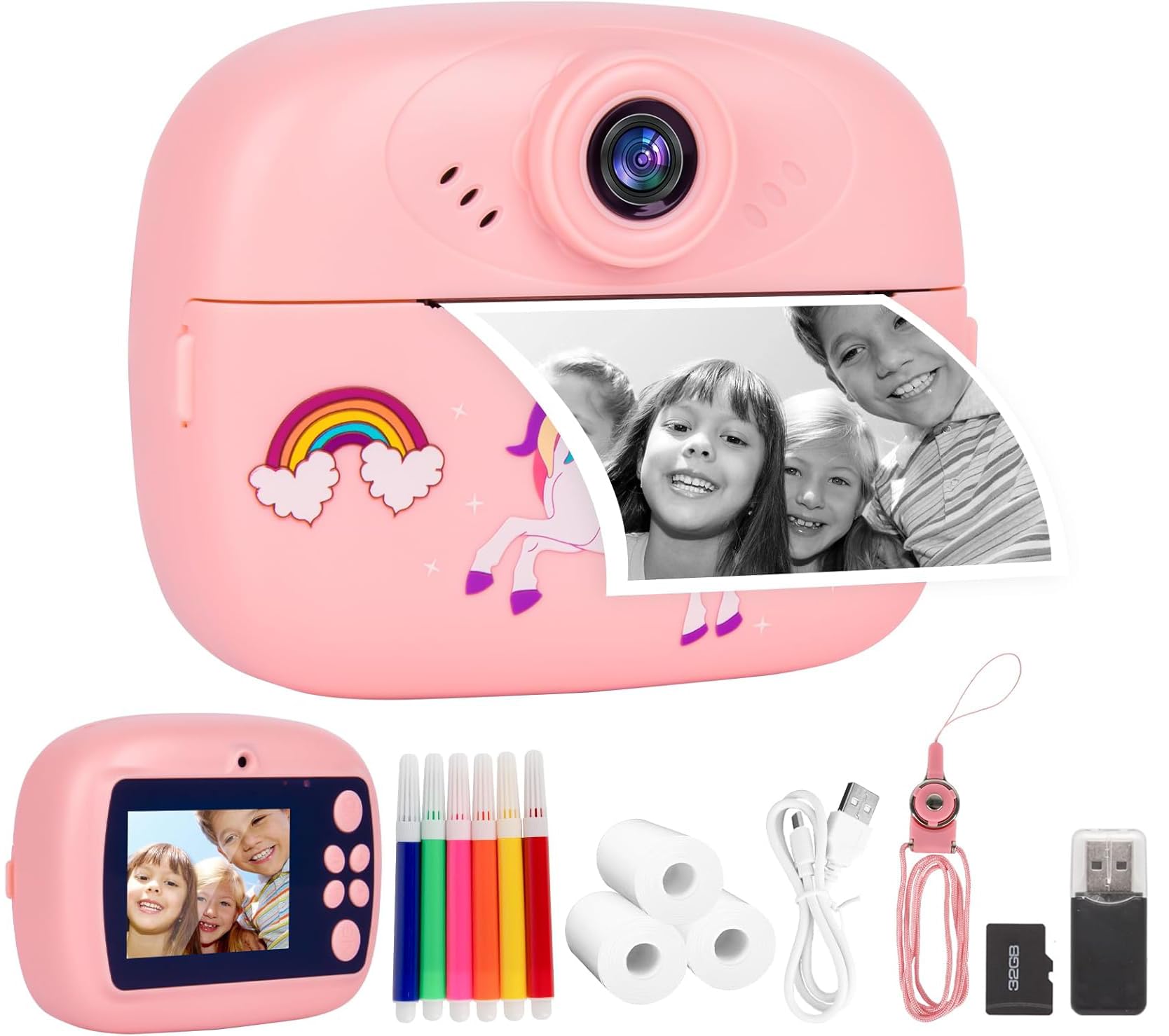 Fotocamera Istantanea Per Bambini 1080P – Con 32GB SD, 4 Rotoli Di Carta, Regalo 3-14 Anni