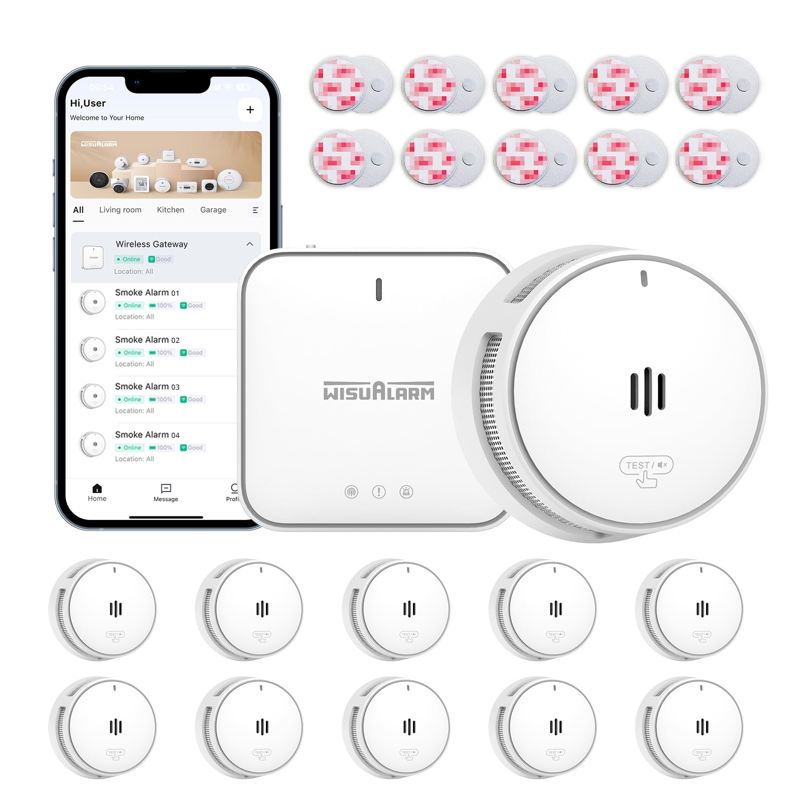 Wisualarm Rauchmelder Vernetzt mit Basisstation (10er Set + 1 Gateway + 10 Magnetpads), Intelligenter Feuermelder mit App für Haus & Büro, 10-Jahres-Batterie, DIN EN 14604 Zertifiziert