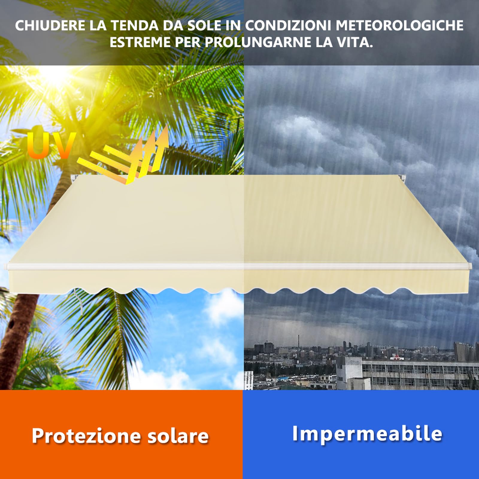 COSTWAY Tenda da Sole per Esterno Avvolgibile 3,6 x 3 M, Bracci Estensibili in Alluminio, Resistente al Sole e Impermeabile, Beige