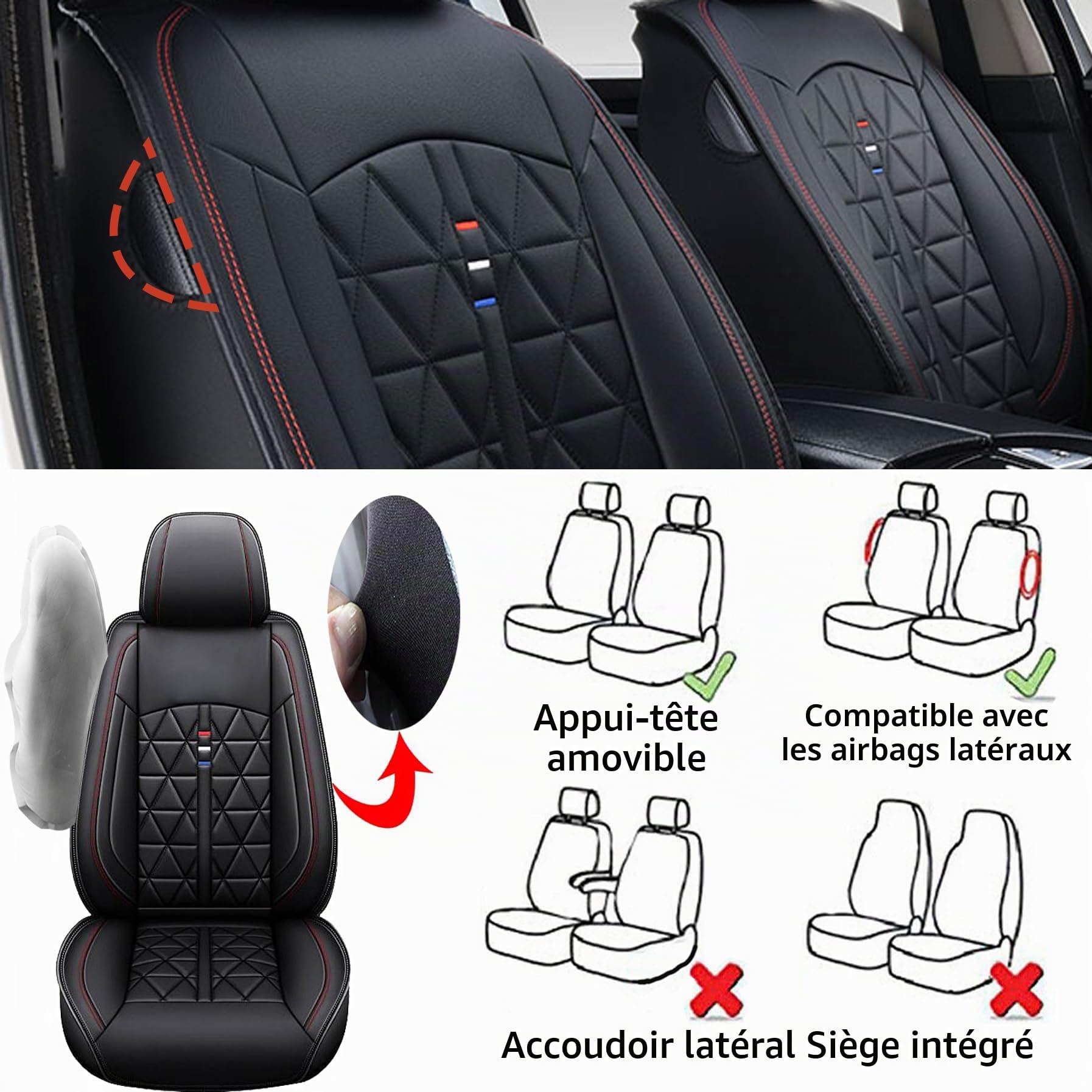 Lot de 2 housses de siège de voiture pour Ford Edge Fiesta Fiesta Van Focus C-max Grand C-max Ka Ka+ Plus Kuga Mondeo Mustang Puma S-max en cuir synthétique antidérapant et résistant à l'usure