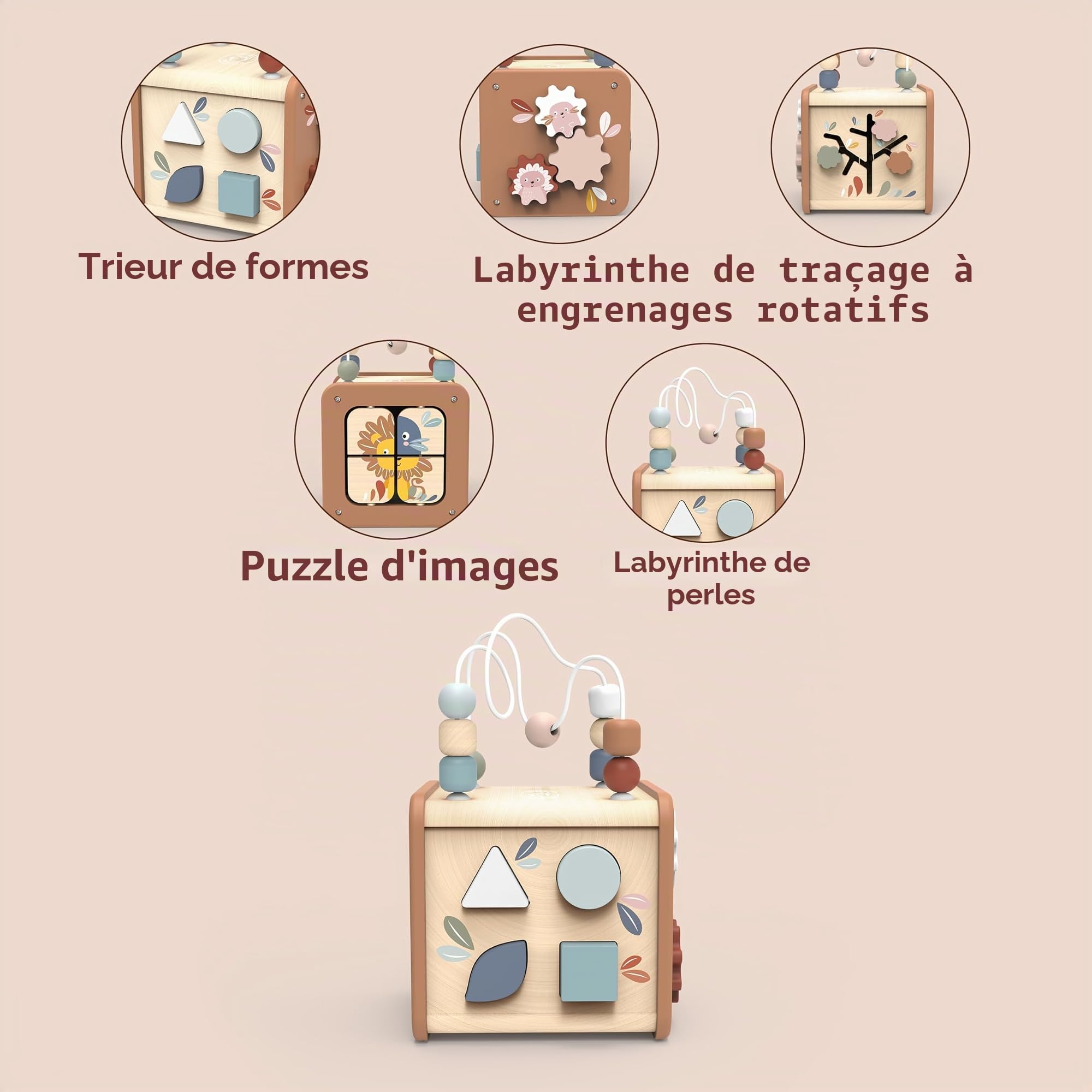 Speedy Monkey - Cube d’Activités Bébé 5 en 1 en Bois FSC - Jouet Montessori 12 Mois et Plus - Labyrinthe de Perles, Trieur de Formes, Engrenages - Cube Éveil Bois Enfant