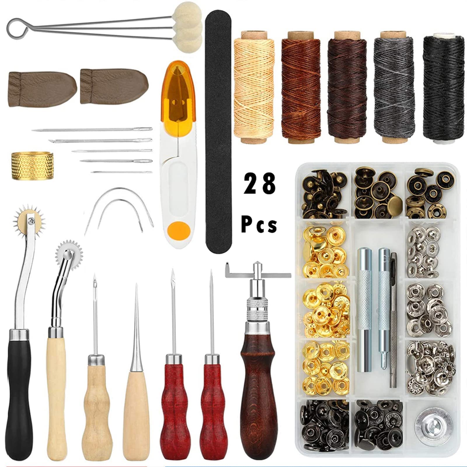 28 Sets DIY Leather Craft Tools with Awl, Stitching Groover, Wax Thread, Thimble & Other Accessories, Professional Leather Sewing Tools, Set for Carpets, Coats & Tents Hand Stitching (Option 1)