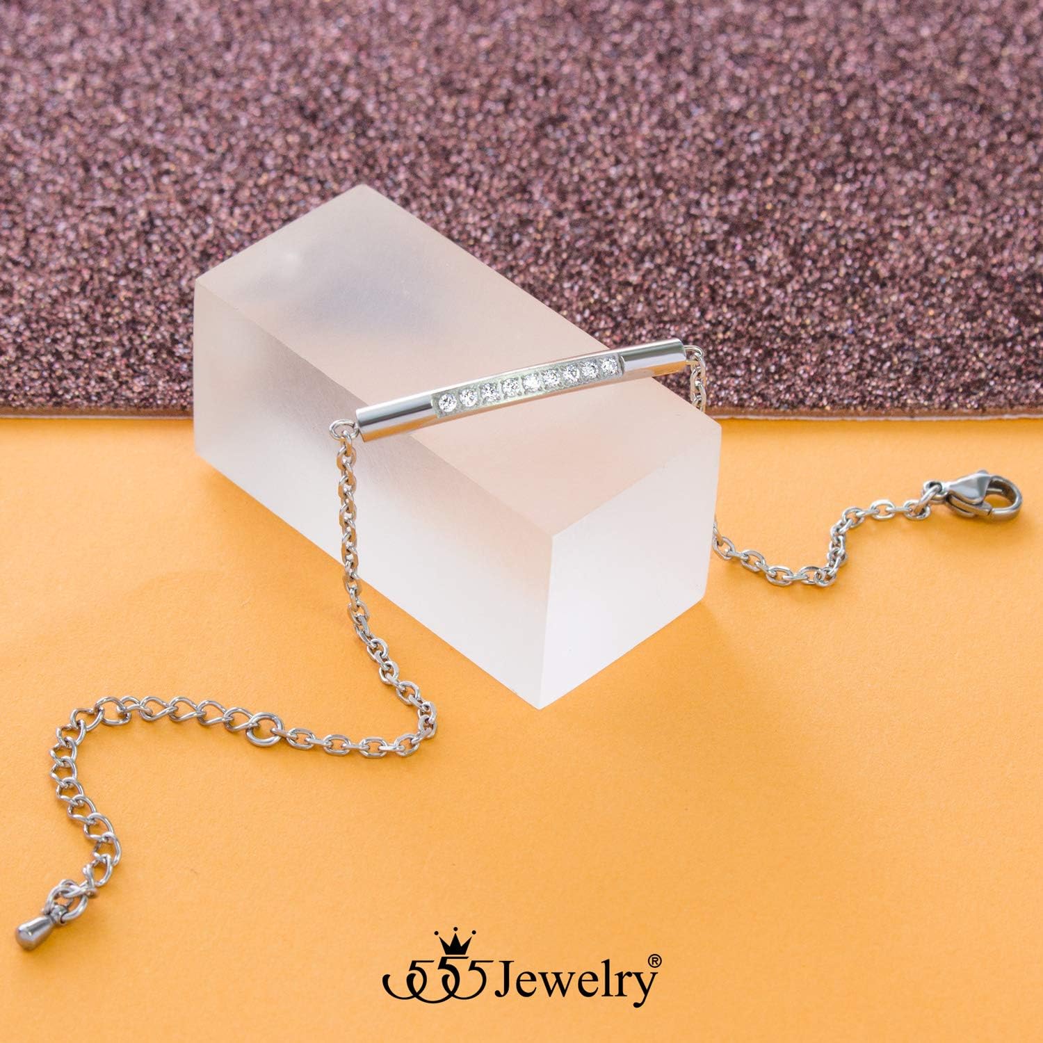 555Jewelry Womens Sparkly Cubic Zirconia Cylinder Bar Stainless Steel Bracelet - Image 4