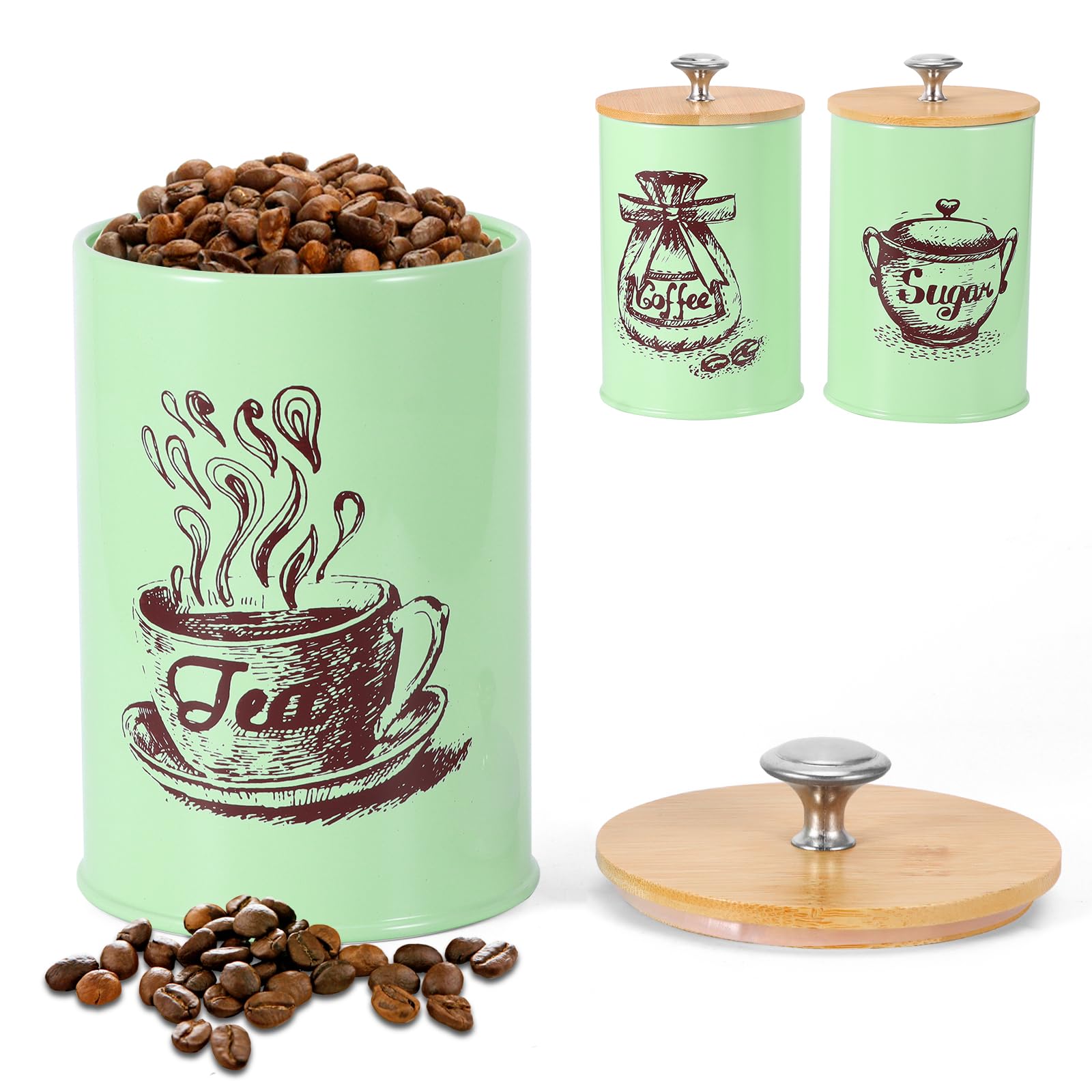3Pcs tea coffee sugar canisters, Storage Cansiter Jars with Airtight Wooden Lids & Name Marker, 900ML Round Tea Canister Jar Kitchen Storage Canisters for Counter Storage Tea/Coffee/Sugar (Green)
