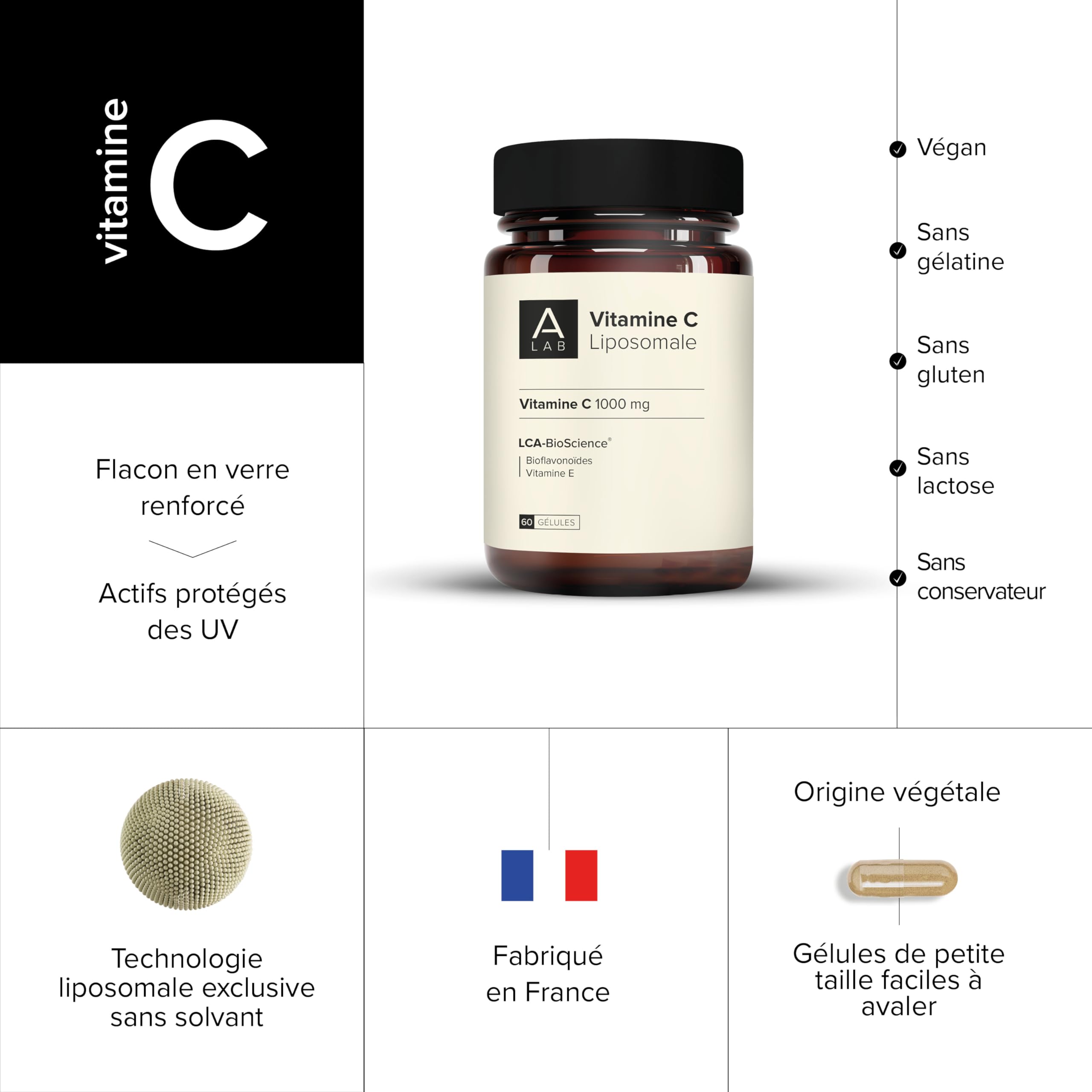A-LAB Vitamine C Liposomale 1000 mg - Assimilation Renforcée - Complément Alimentaire Vitalité, Anti-Fatigue, Antioxydant - 60 gélules, 30 jours de prise - Fabriqué en France