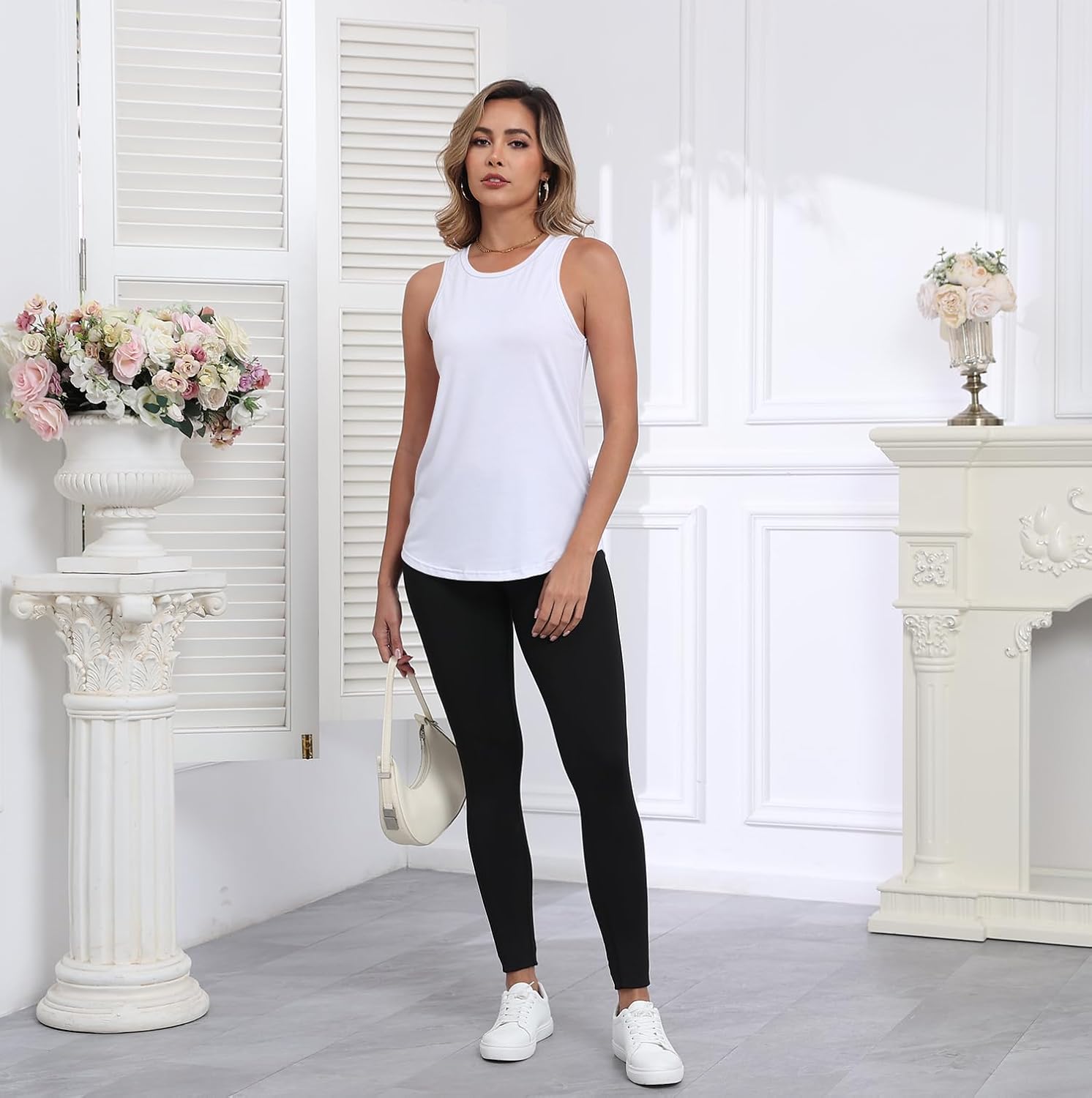 PRIMODA Womens Sleeveless Tank Tops Crew Neck Loose Fit Summer Casual Flowy Curved Tunic Shirt - Image 3