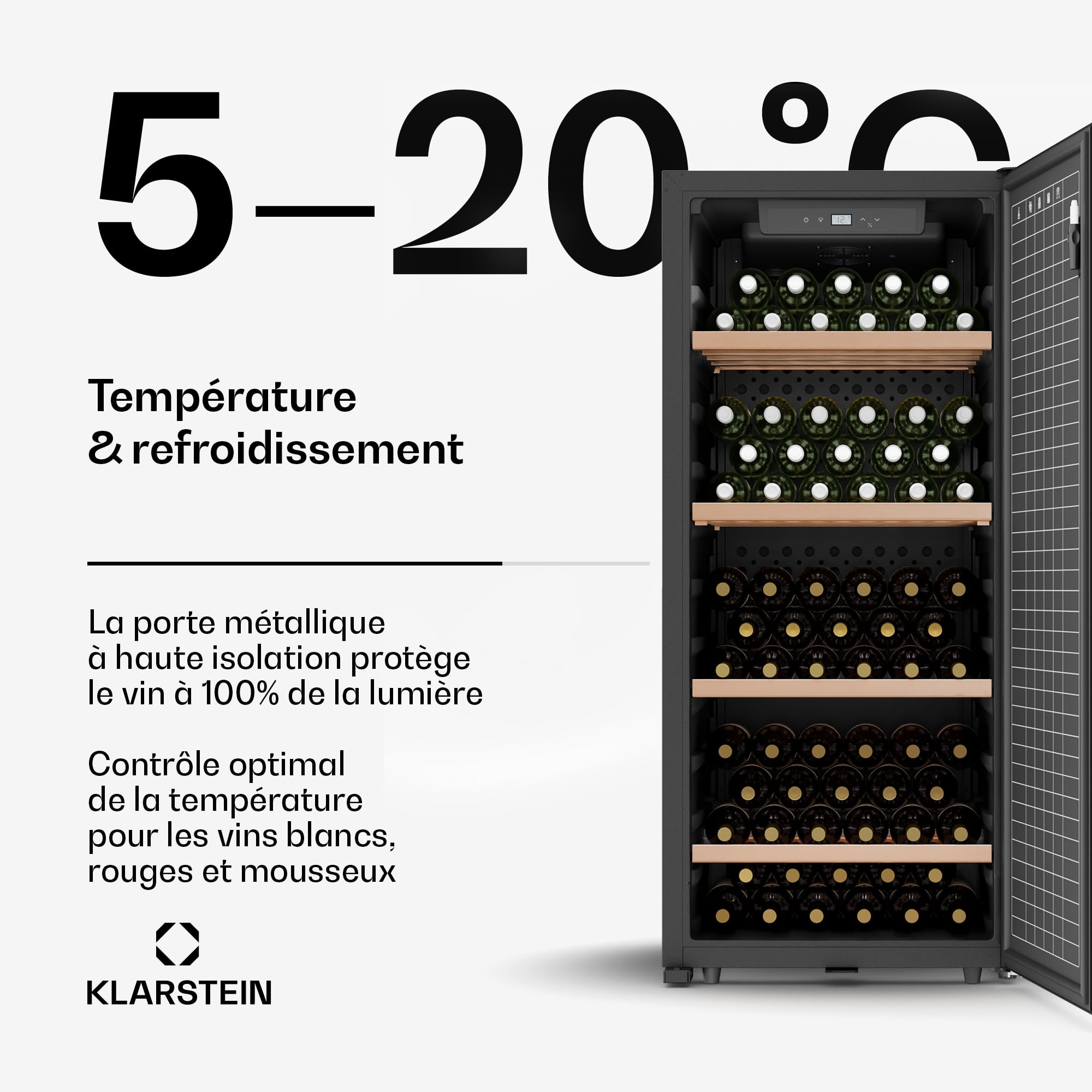 Klarstein CellarMax Cave à Vin Grande Capacité - 114 Bouteilles, 5-20°C, Porte Métal, Commande Tactile, Alarme, Autonome