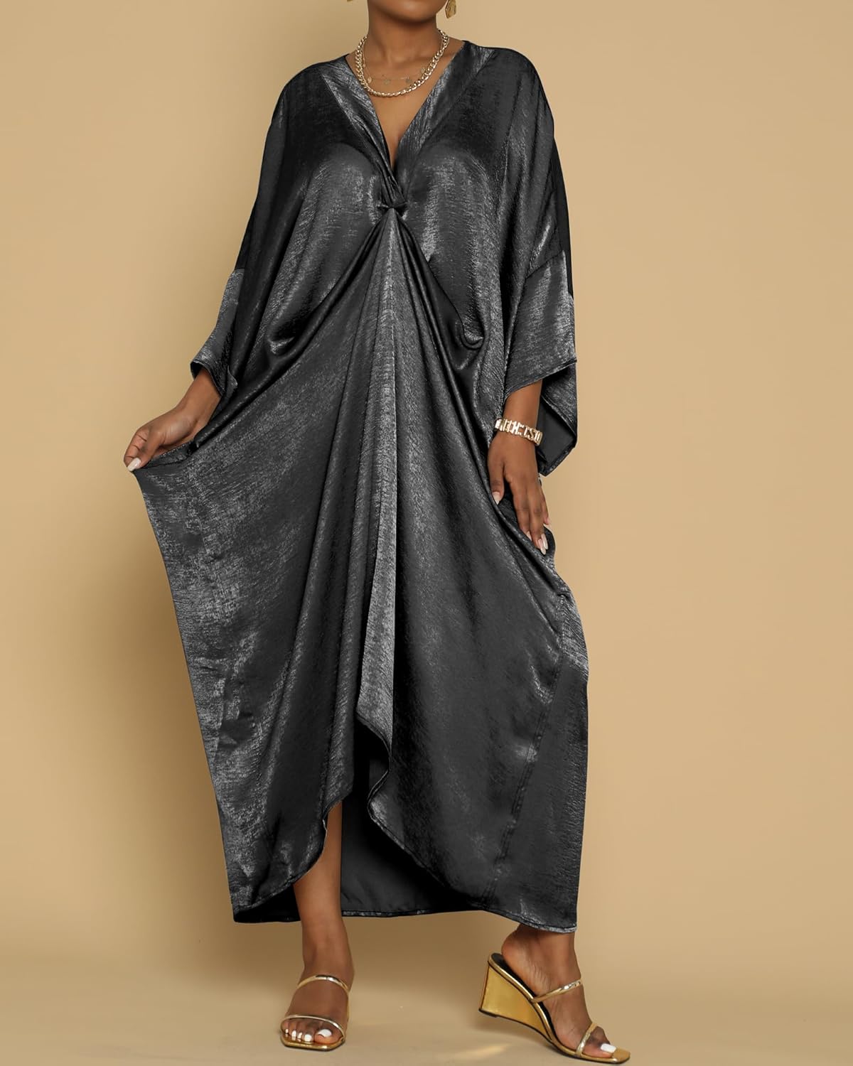 Bsubseach Kaftan Dresses for Women Satin V-Neck Caftans Coverups Long Dress Plus Size Beach Cover Up - Image 5