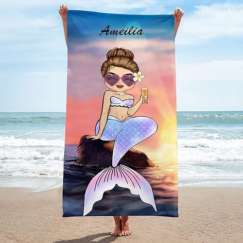 Miniatura 2 de Toallas de playa personalizadas de sirena Chibi con nombre para niñas pequeñas, toallas de playa personalizadas con tema oceánico para playa,