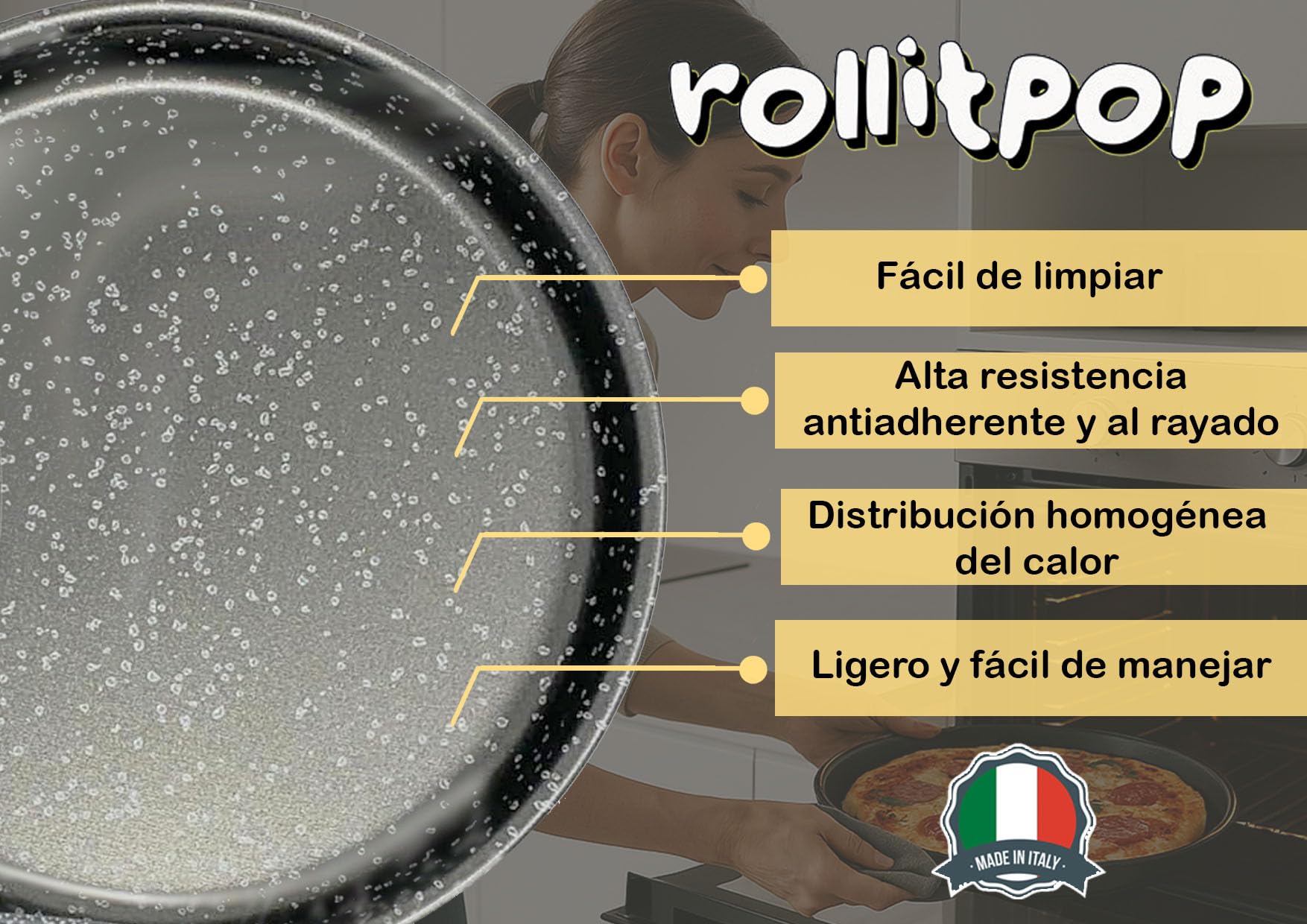 Bandejas de Horno Redonda para Pizza y Fainá (Farinata Italiana), 34 cm – Aluminio Antiadherente Efecto Piedra, Fabricada en Italia, Fácil de Limpiar – Línea Vulcania - 2 Bandejas