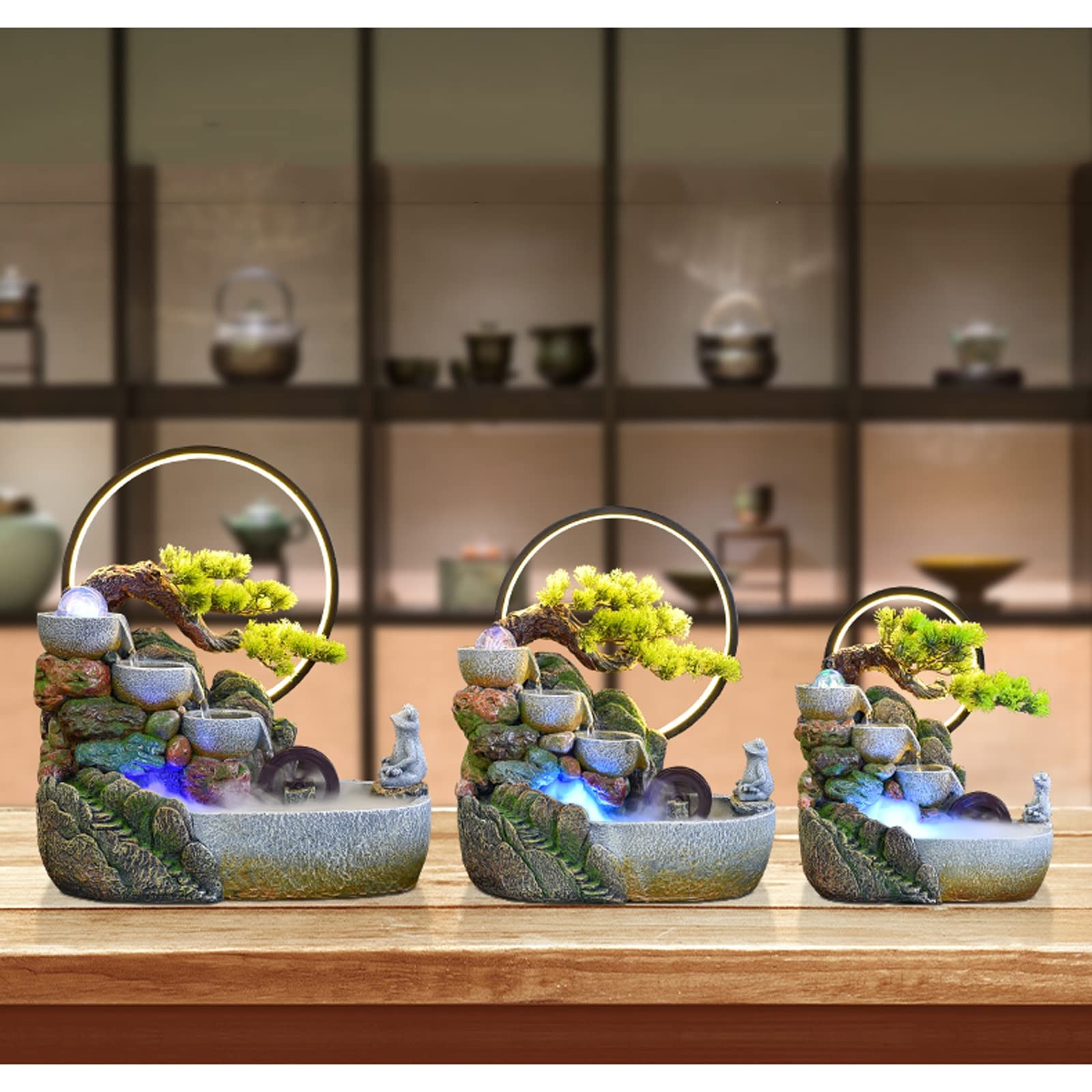 Fontana da tavolo per interni, con cascata per meditazione zen, con pompa e nebbia d'acqua illuminata, decorazione rilassante per casa, ufficio o camera da letto