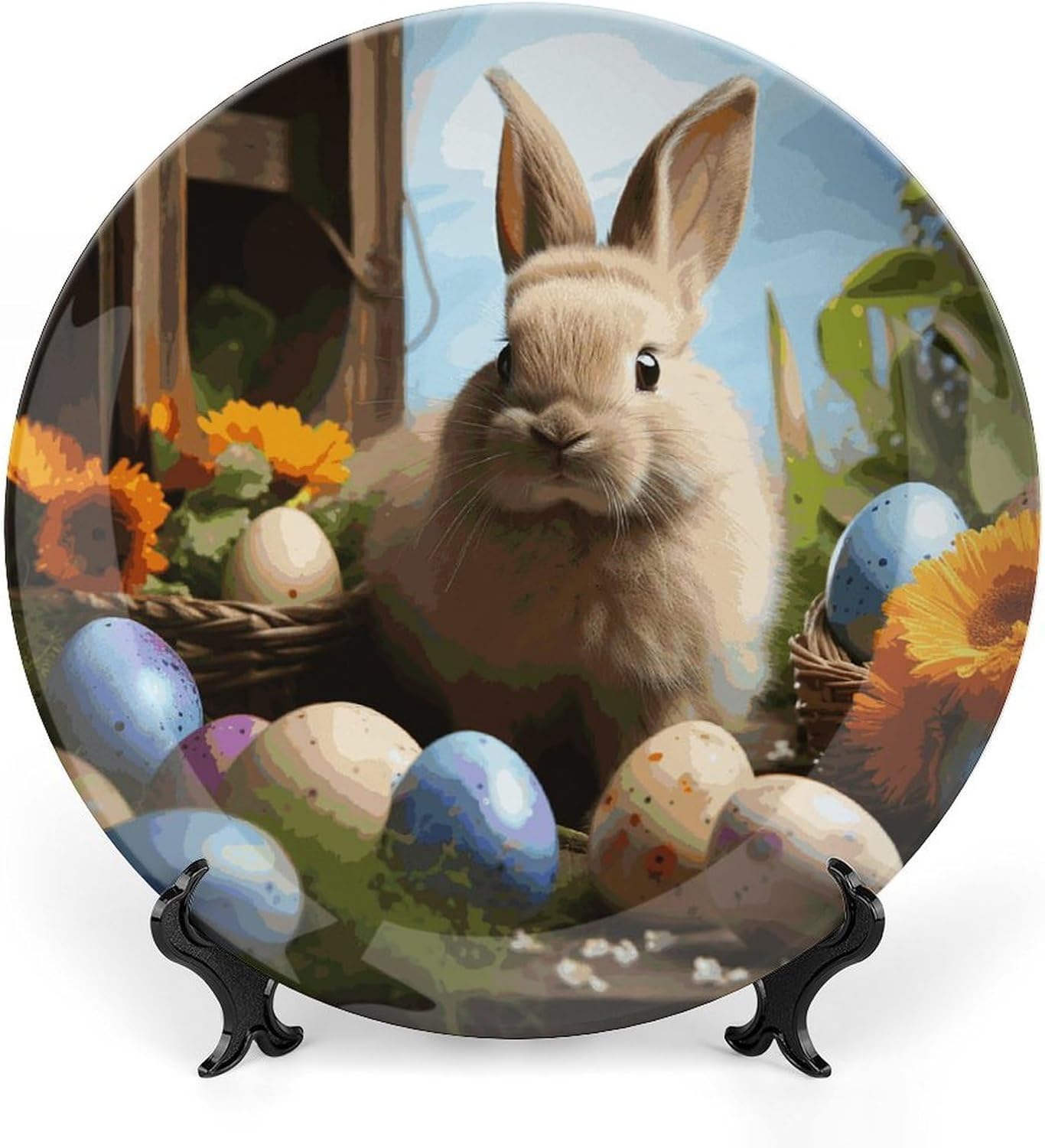 Easter Rabbit And Easter Eggs Bone China Decorative Plate with Display Stand, Ceramic Ornaments Plate for Wall Hanging, Personalized Porcelain Plates for Office, Living Room 8inch