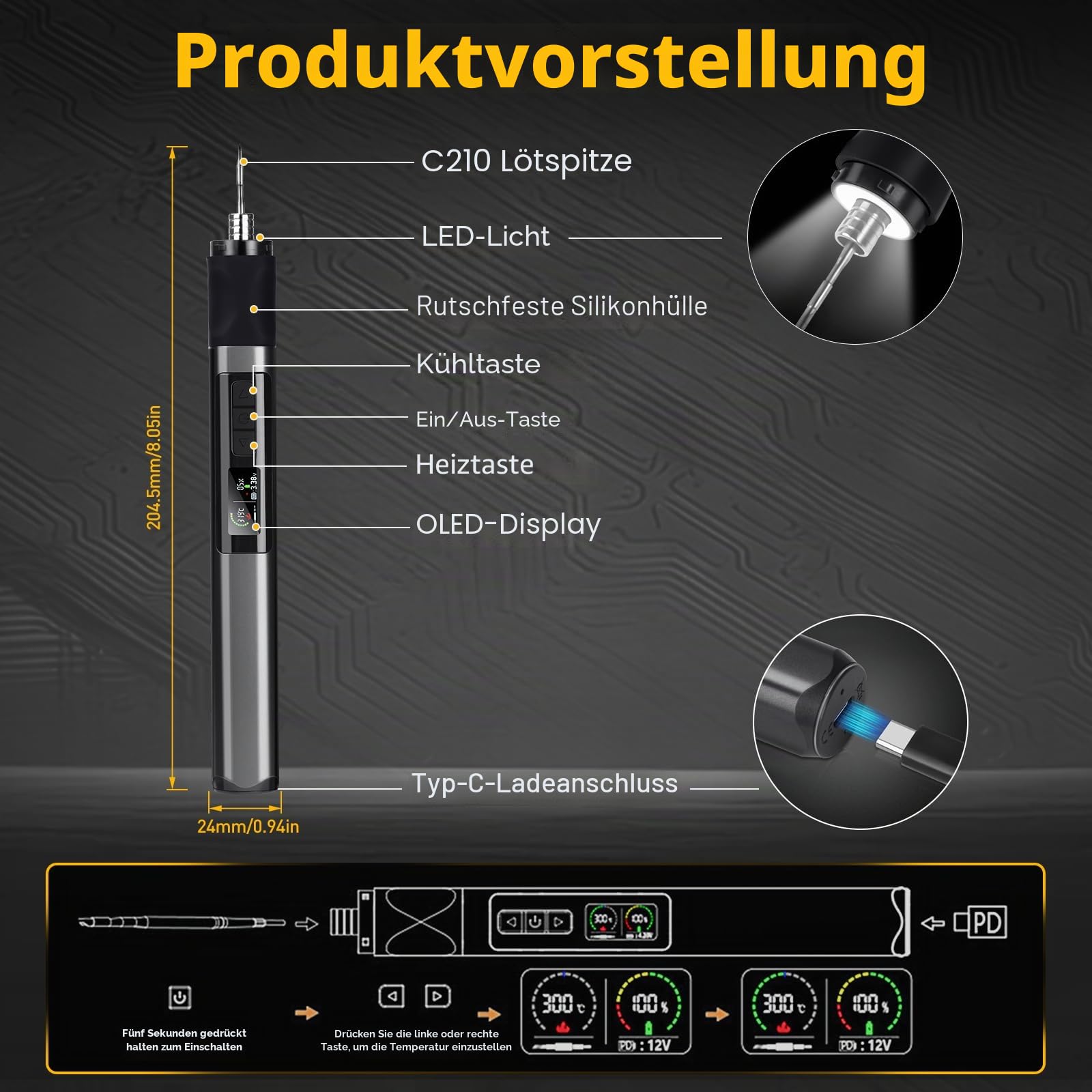diymore Lötkolben Set, Akku Lötkolben mit LED-Anzeige, 2-5S Schnelle Heizung 180-480℃ Einstellbarer Temperatur, Auto Schlaf C210 Tipps, Akku Lötkolben Set für Präzisionsreparatur