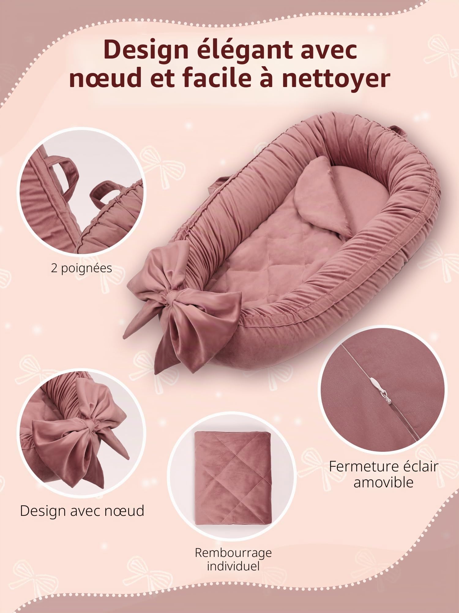 EAQ Reducteur de Lit Bébé, Baby Nest Cocoon Lit pour Nouveau-né Nourrisson et Bébé, Couffin de voyage portable, Couverture Amovible et Lavable (Vieux Rose)