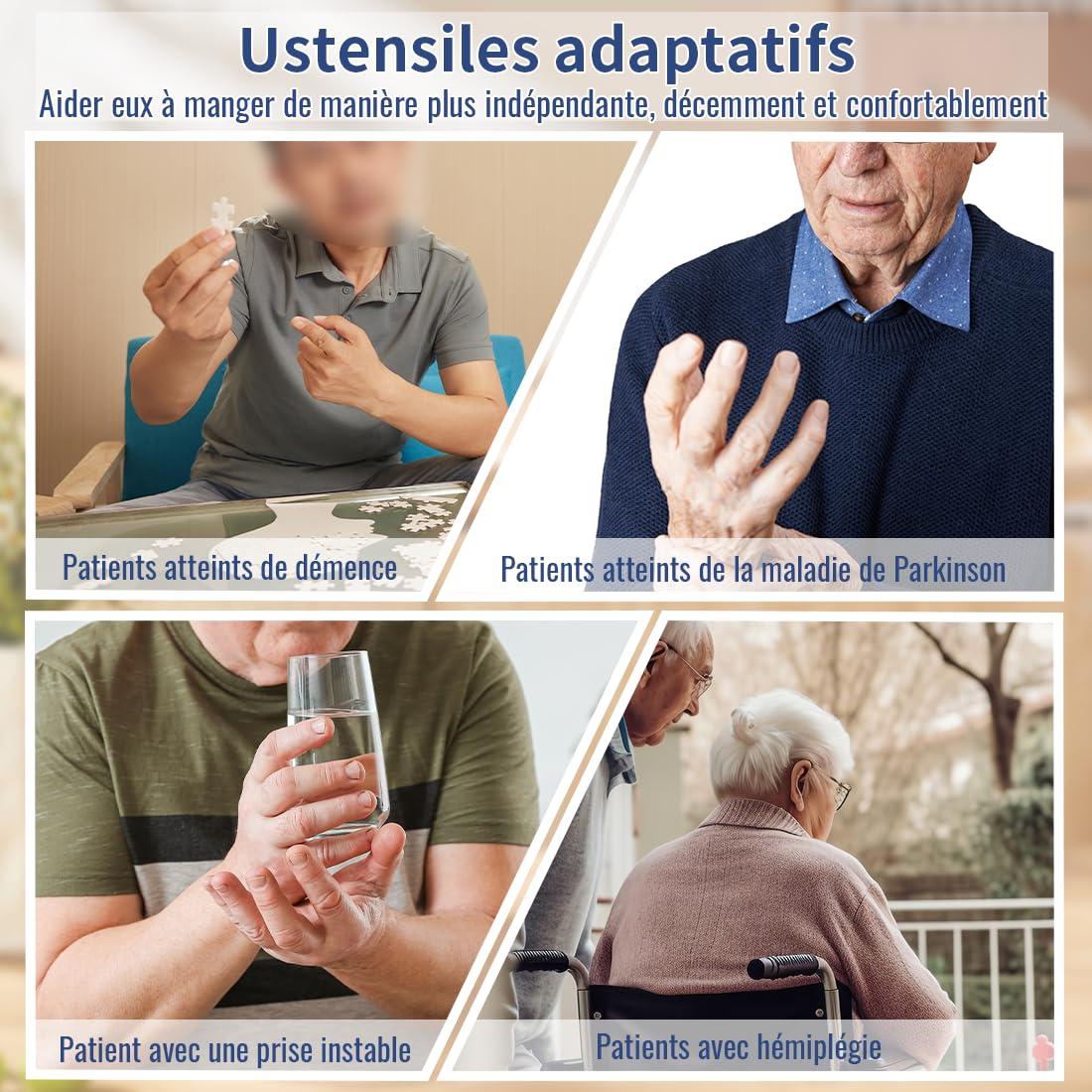 Ustensiles Adaptés pour Personnes Âgées & Handicapées - Cuillère et Fourchette Ergonomiques en Inox - Manche Courbé - Silicone Coloré - Lavable Lave-Vaisselle(Main droite)