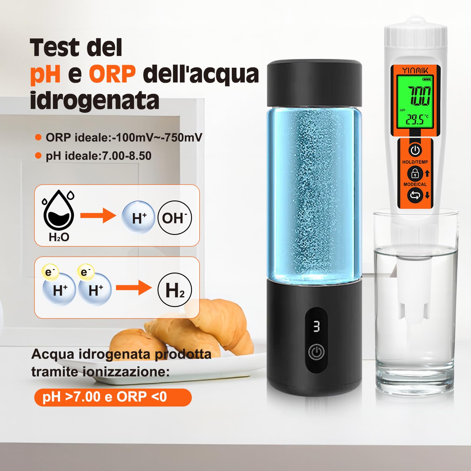 Tester per acqua idrogeno, misuratore H2 ORP pH Temp 4 in 1, misuratore idrogeno in acqua ppb/ppm, penna di prova per idrogeno disciolto per bottiglia di acqua all'idrogeno, misuratore pH ORP accurato