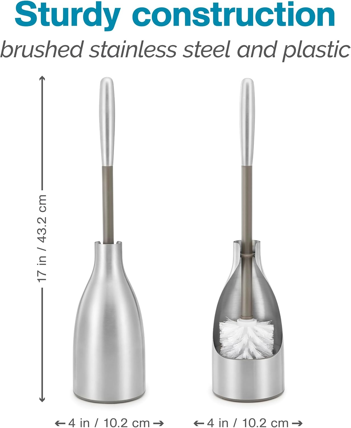 Polder Sleek Stainless Steel Toilet Brush with Caddy, Slim and Discreet Design, Open-Back Design for Odor Control, Rust-Resistant Stainless Steel