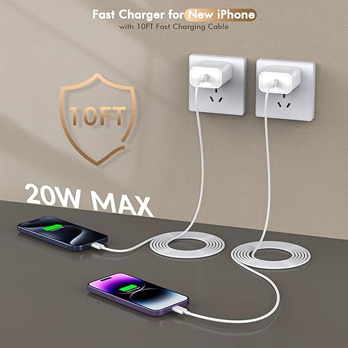 Miniatura 6 de Cargador para iPhone, paquete de 2 cables Lightning largos de 10 pies, certificado Apple MFi cable Lightning de carga rápida extra largo de 10 pies,