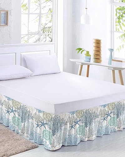 Miniatura 2 de Falda de cama costera tamaño Queen de 16 pulgadas de caída, falda de cama elástica ajustable azul verde azulado coral con volantes para cama Queen,