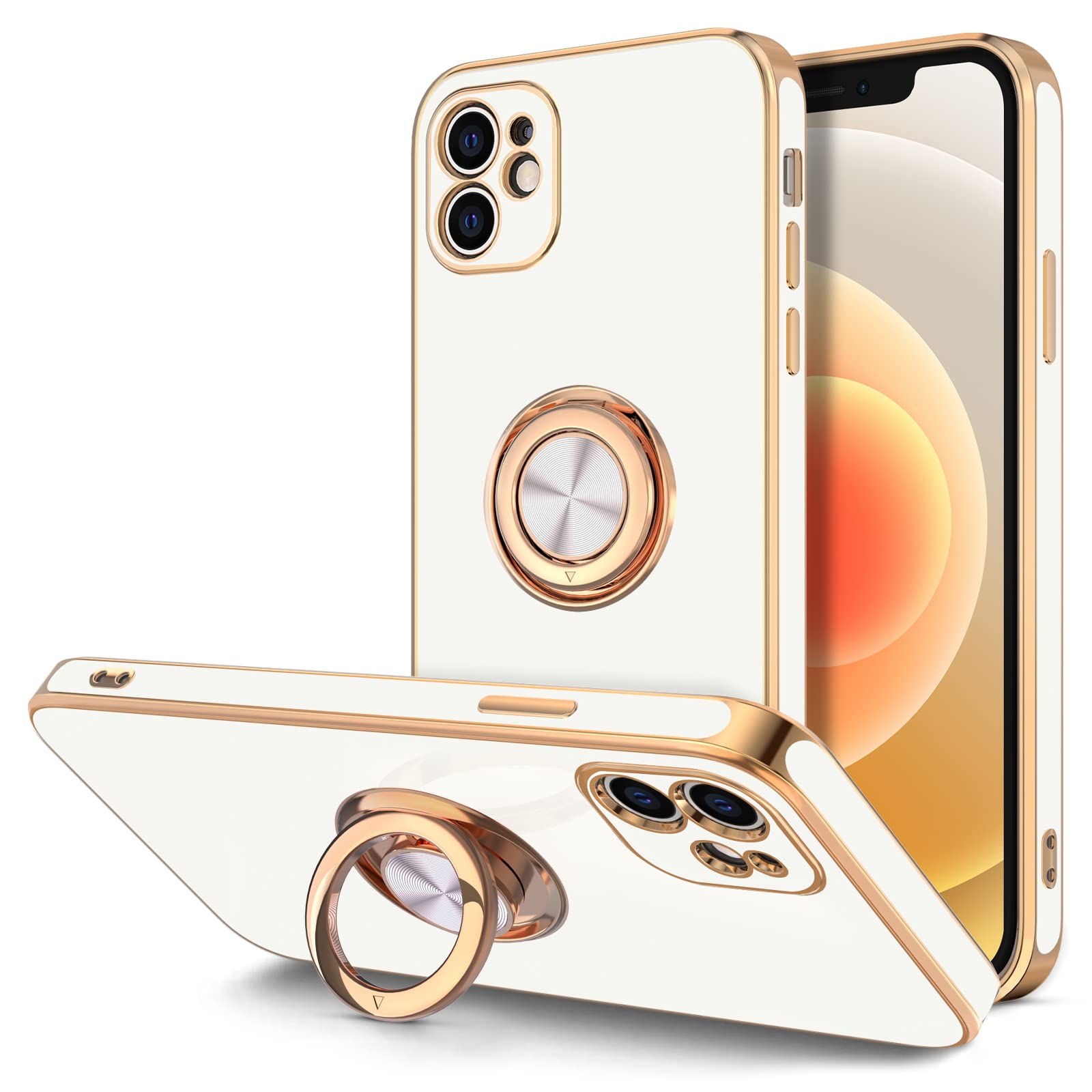 Hython Case for iPhone 12 Case with Ring Stand [360° Rotatable Ring Holder Magnetic Kickstand] [Soft Microfiber Lining] Plating Rose Gold Edge
