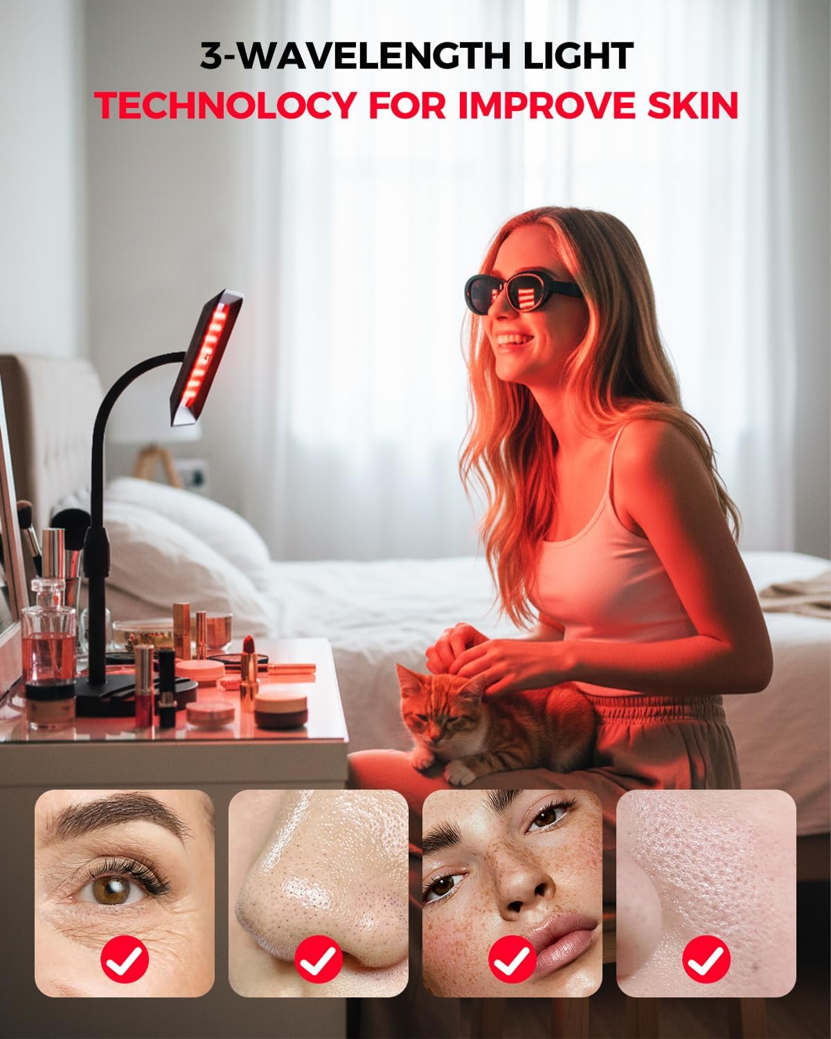Red Light Therapy for Face and Body, 3 LED Wavelength 660nm 730nm 850nm Infrared Light Therapy Desk Lamp with 360°Adjustable Head & Phone Stand, Home Office Travel Portable Use w/Glasses, Ideal Gift - Image 2