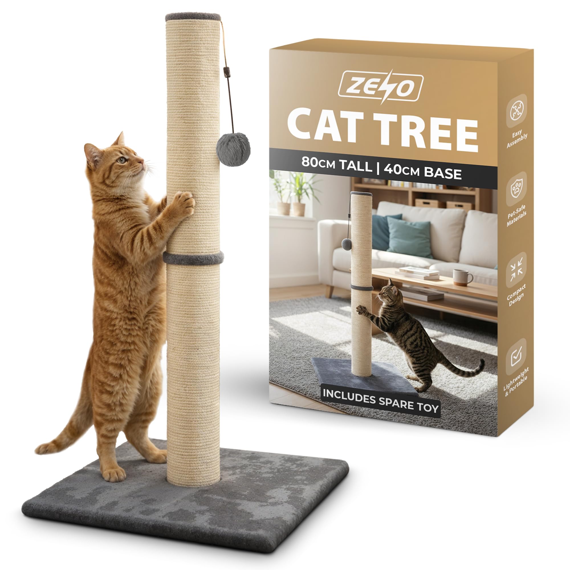 Rex & Roxy Cat Scratching Post 80CM | Tall Sisal Scratch Pole For Indoor Cats | Plush Base Cat Tower With Hanging Toy | Strong Post For Kittens And Large Breeds