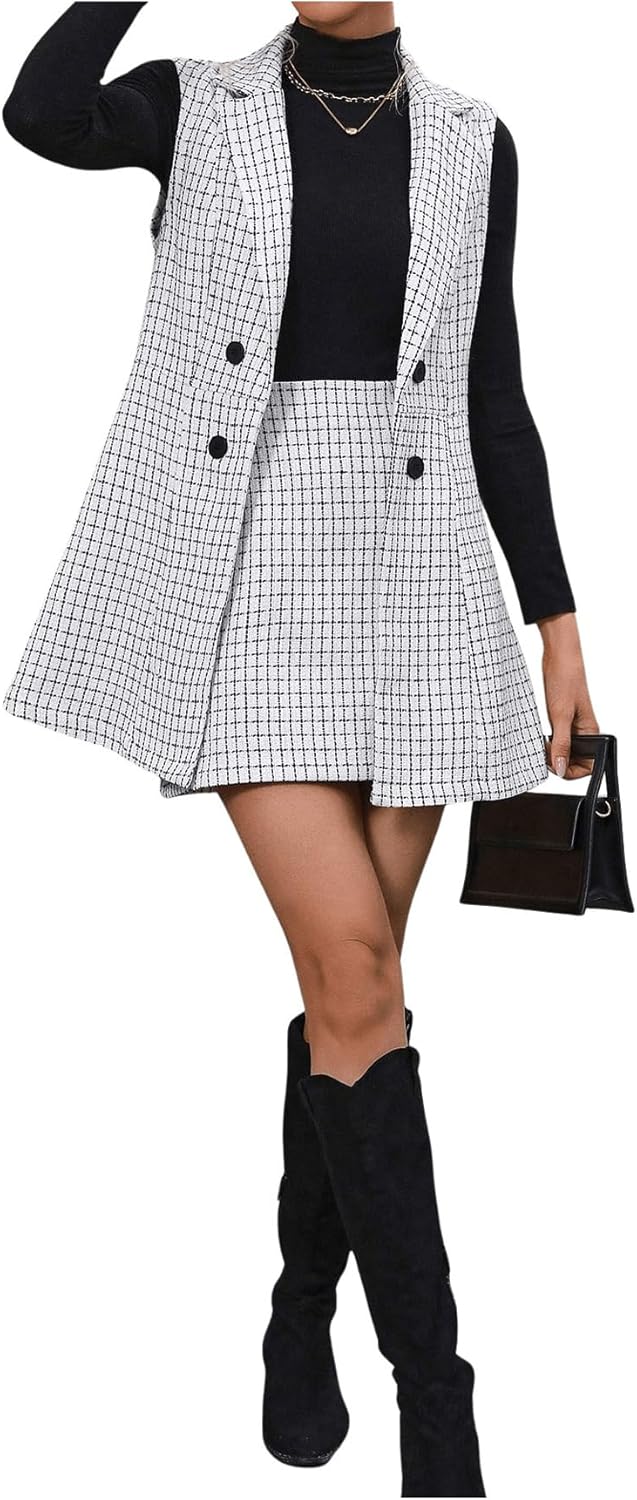 Floerns Women's 2 Piece Outfit Workwear Plaid Print Lapel Neck Vest Blazer and Skirt Set - Image 7
