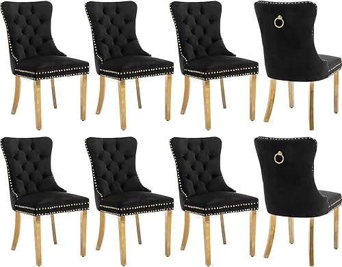 Miniatura 52 de Juego de 6 sillas de comedor de terciopelo, sillas tapizadas con respaldo alto capitoné con ribete de cabeza de clavo y anillo de tracción, patas de