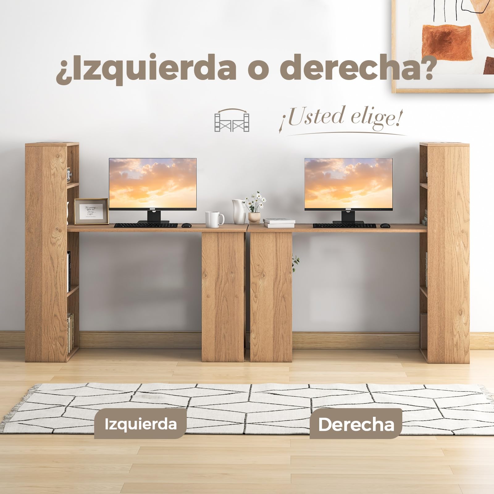 COSTWAY Escritorio con Estanteria, Mesa Escritorio 120 cm, 6 Estantes de Almacenamiento, Mesa Ordenador Reversible Oficina/Dormitorio (Natural)