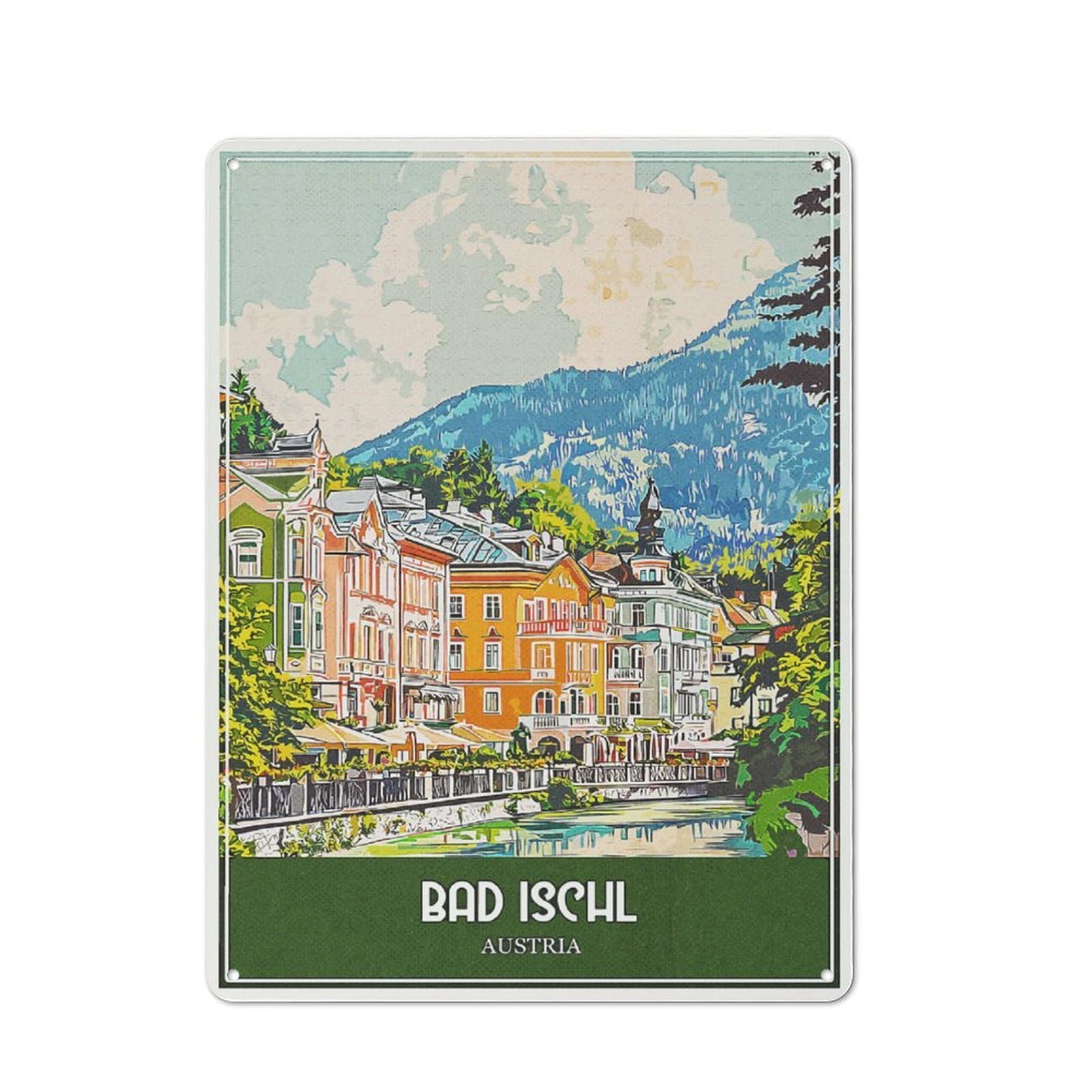 Junmoney Style-20 Tin Wall Plaque 40X30cm With Bad Ischl Austria Travel For Guest Room Or Hallway, For Garage, Workshop And Man Cave Decoration