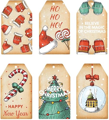 60 etiquetas de regalo de Navidad, papel kraft de Navidad, etiquetas colgantes con cordel de yute natural para manualidades, árbol de Navidad, sello