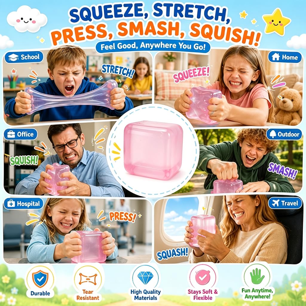 Squishy Stress Cube, Soft Sensory Squeeze Fidget Cube, Stress Relief Desk Toy for Kids and Adults, Pink - Image 6