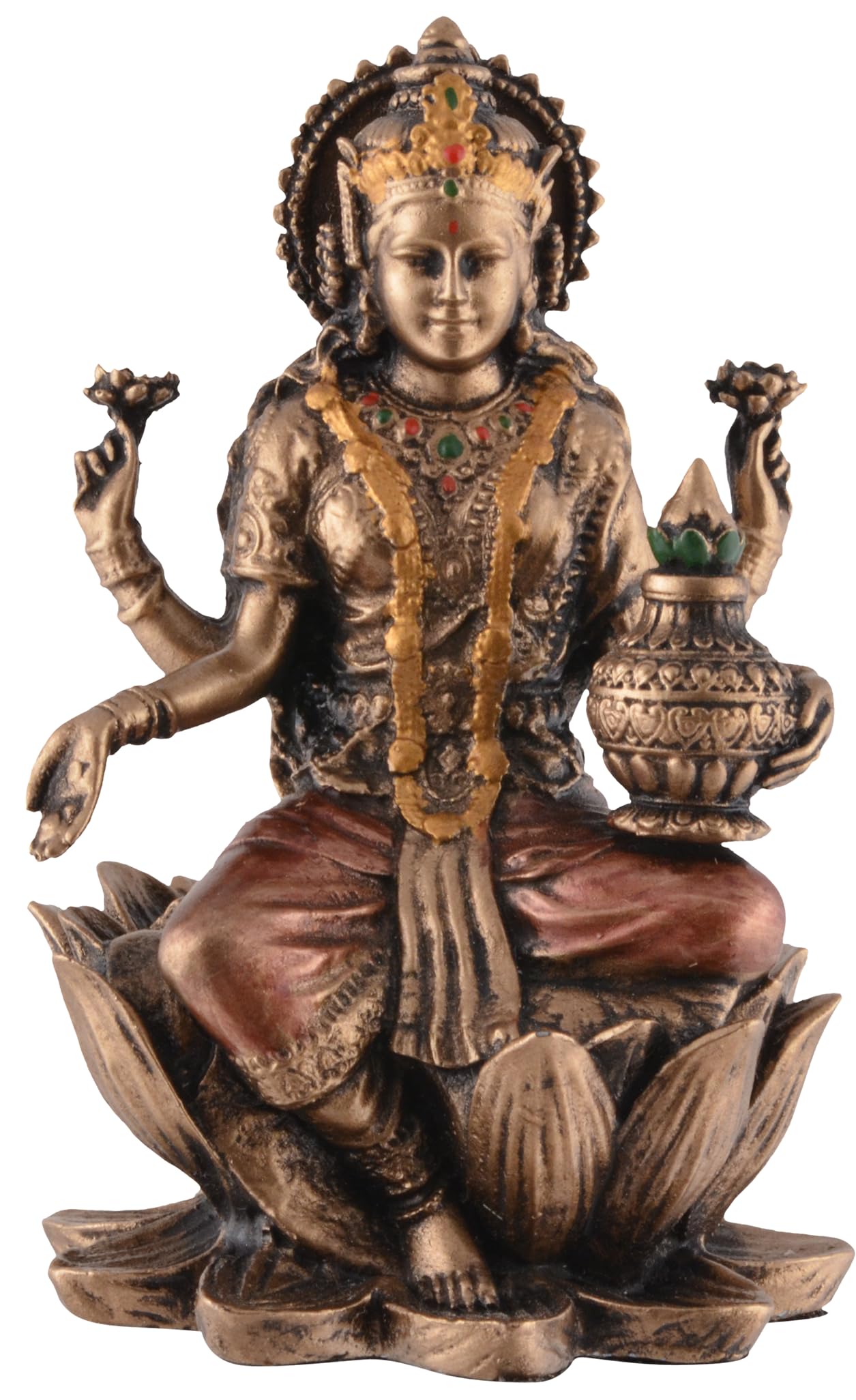 Indian God Lakshmi in Lotus Seat, Miniature, Made of Artificial Stone, Hand Painted with Bronze Paint, Veronese Collection, 708-77373