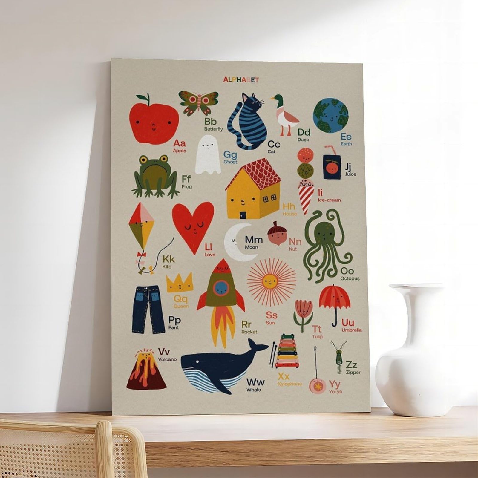 Poster éducatif sur toile avec lettres de l'alphabet illustrées à la main - Décoration murale pour salon, chambre à coucher - 50 x 75 cm