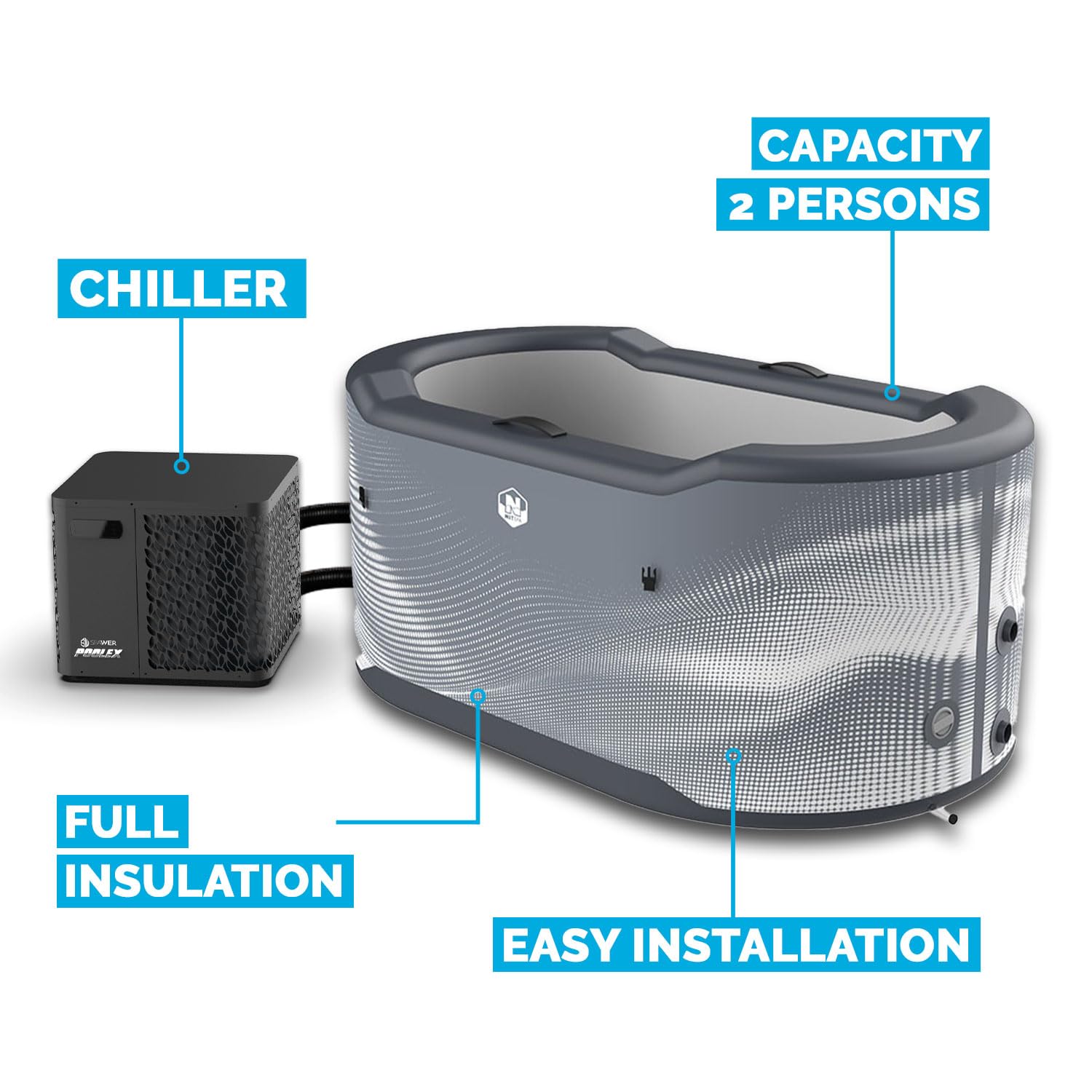 N NETSPA Järvi Pack Chiller 5 kW – Ice Bath portátil Drop-Stitch con enfriamiento 3 °C a 42 °C, Chiller ultraeficiente, Compatible con Hielo, WiFi, instalación rápida Plug & Play