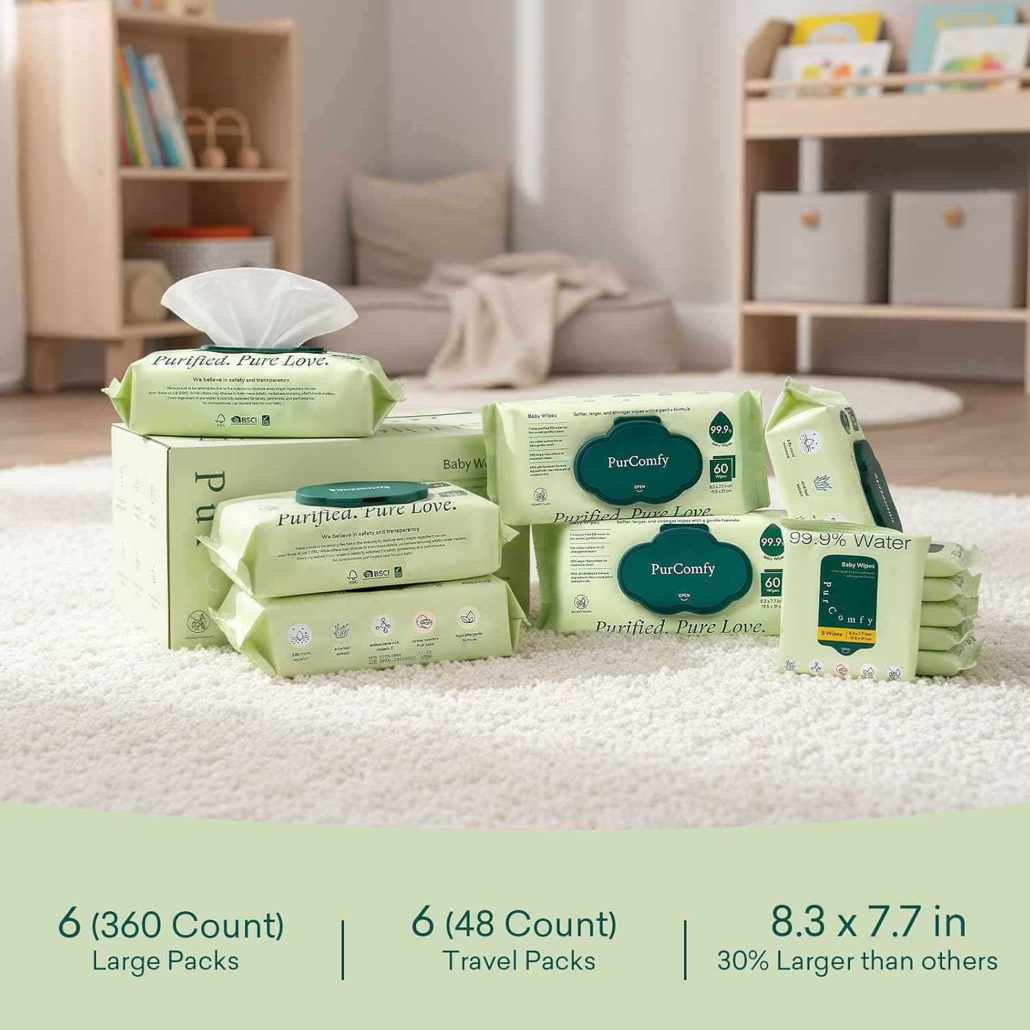 PurComfy Baby Wipes Unscented, 6 Flip-Top Packs + 6 Travel Pack Baby Wipes with Plant Based, Hypoallergenic for Sensitive Newborn Skin, Total 408 Count Wipes - Image 2