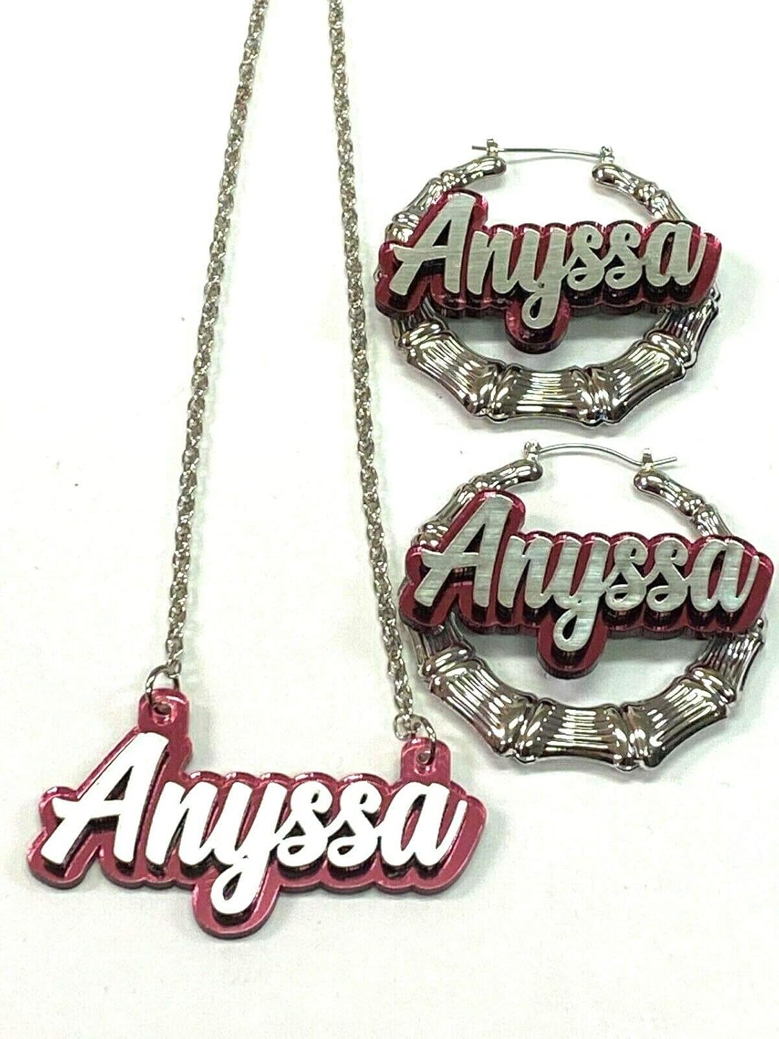 Necklace With Silver Chain and 2.5" Bamboo Earrings Personalized Matching Set Name Plate Custom Nameplate Laser Cut Silver Script Letters Made To Order Any Name - Dazzling and Stunning!