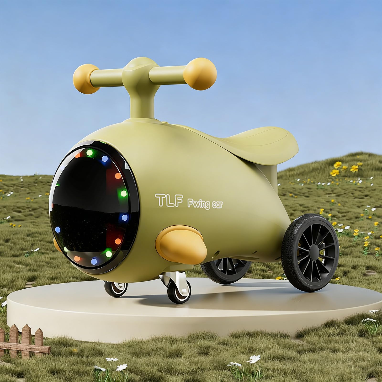 Jessruly Airplane Wiggle Car – Interactive Ride-On Vehicle with Lights & Music, Electric Bumper Car in Playful Design (Olive green)