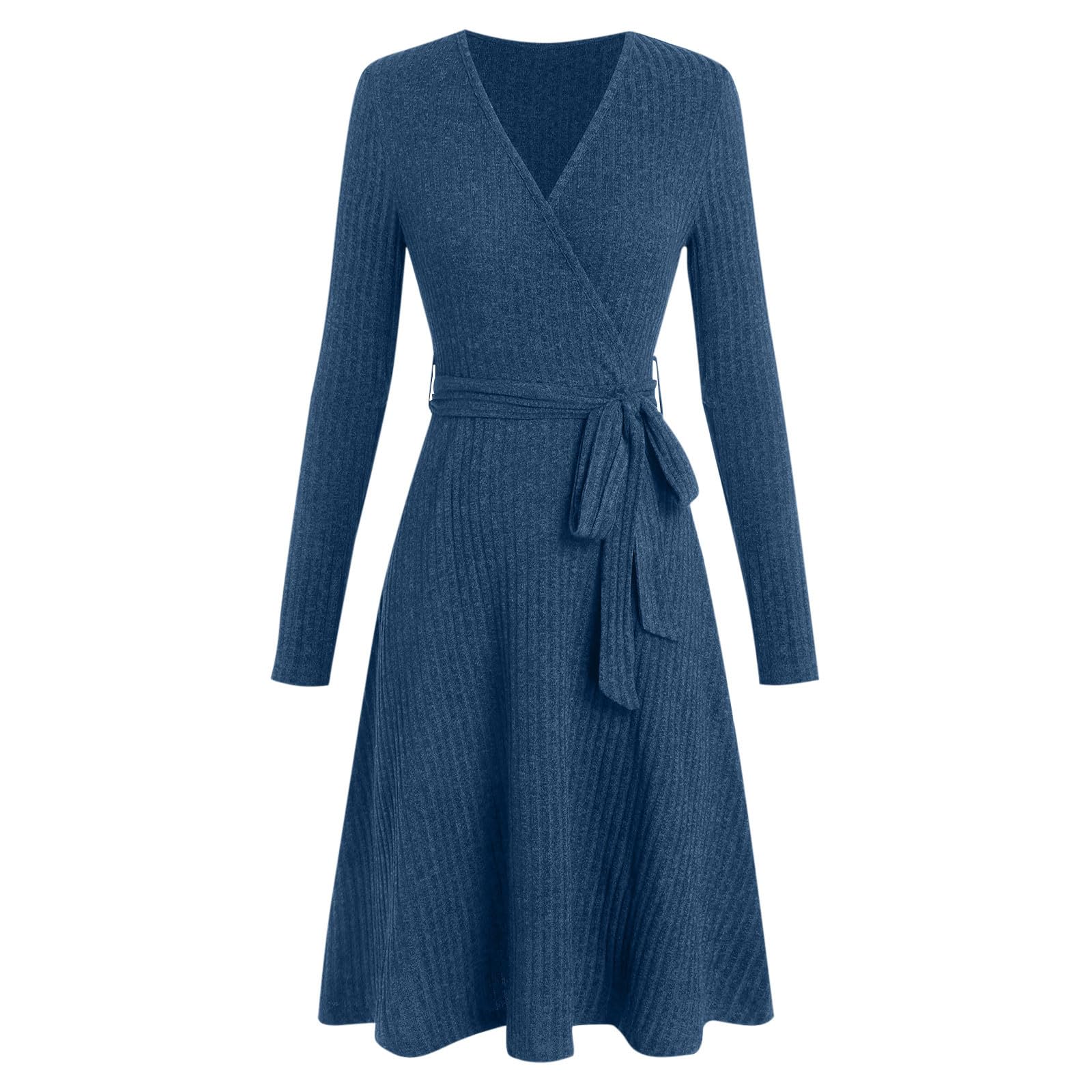 JOAU Womens Fall Midi Dress Long Sleeve Wrap V Neck A-Line Knit Sweater Dresses Work Business Casual Vacation
