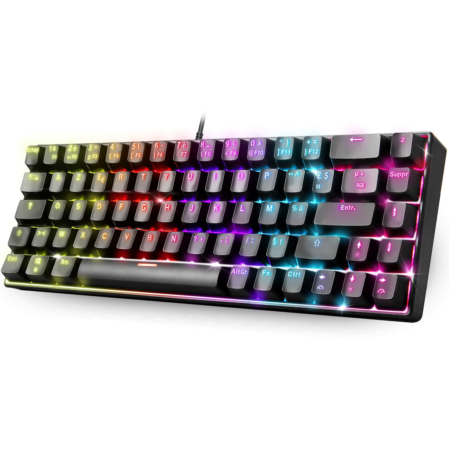 XPERT K150 : Clavier gaming TKL 60% / 69 touches mécaniques bleues / Technologie N-​Key Rollover 100% antighosting / Rétro-​éclairage RGB 21 modes / Switches remplacables : 2 switchs de plus fournis