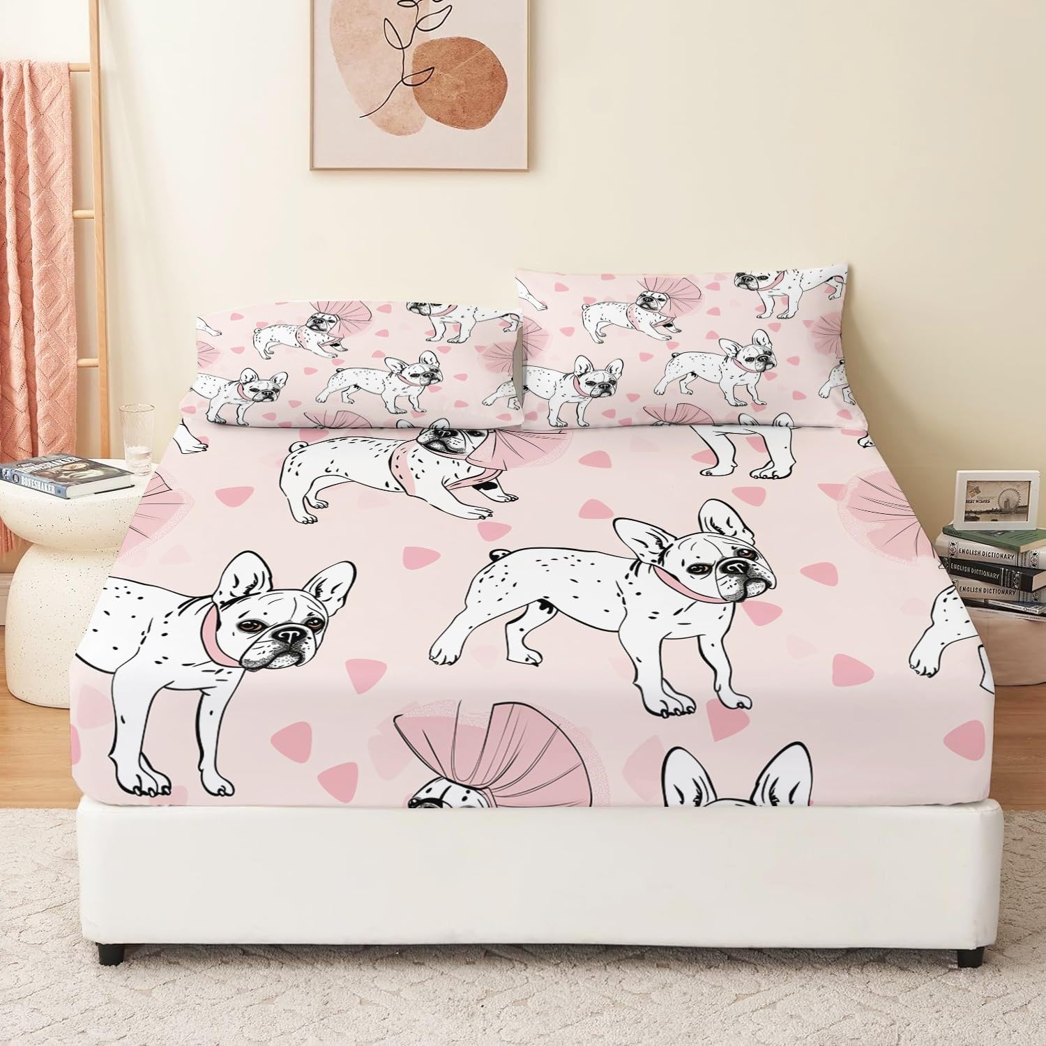 Biancheria da letto confortevole Simpatico bulldog francese 3 pezzi Lenzuolo doppio con angoli stampato con 2 federe Lenzuola in tessuto rosa extra morbido in microfibra spazzolata 160 x 200 + 30 CM