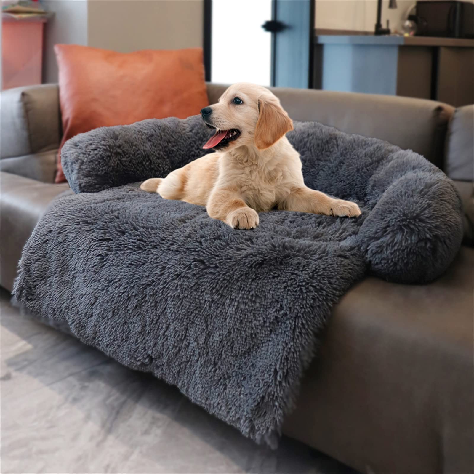 Beruhigendes Hunde-Sofa-Bett – Flauschiger Plüsch, Waschbarer Bezug, Rutschfeste Unterseite, Für Drinnen, Draußen & Auto