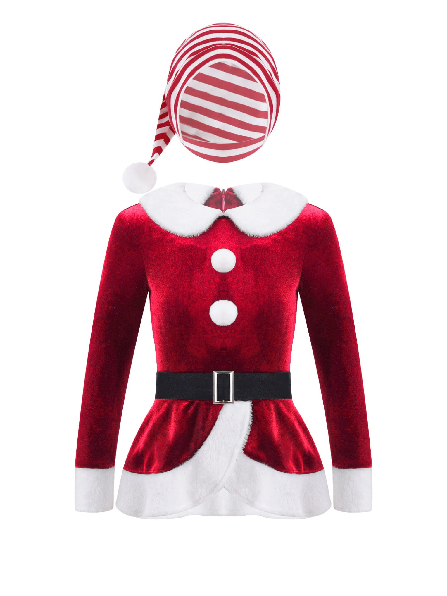 Hansber Girls Christmas Outfits Long Sleeve Faux Fur Trimming Velvet Figure Roller Skating Baton Twirling Dress