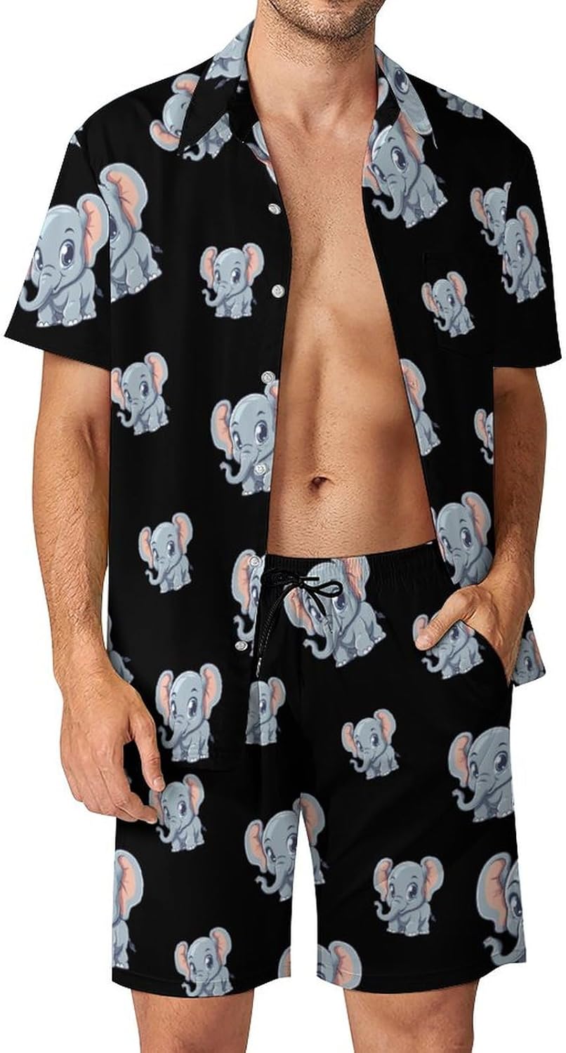 Cute Elephant Men's Summer Beach Outfits Shirt And Shorts Set 2 Piece Vacation Swimwear