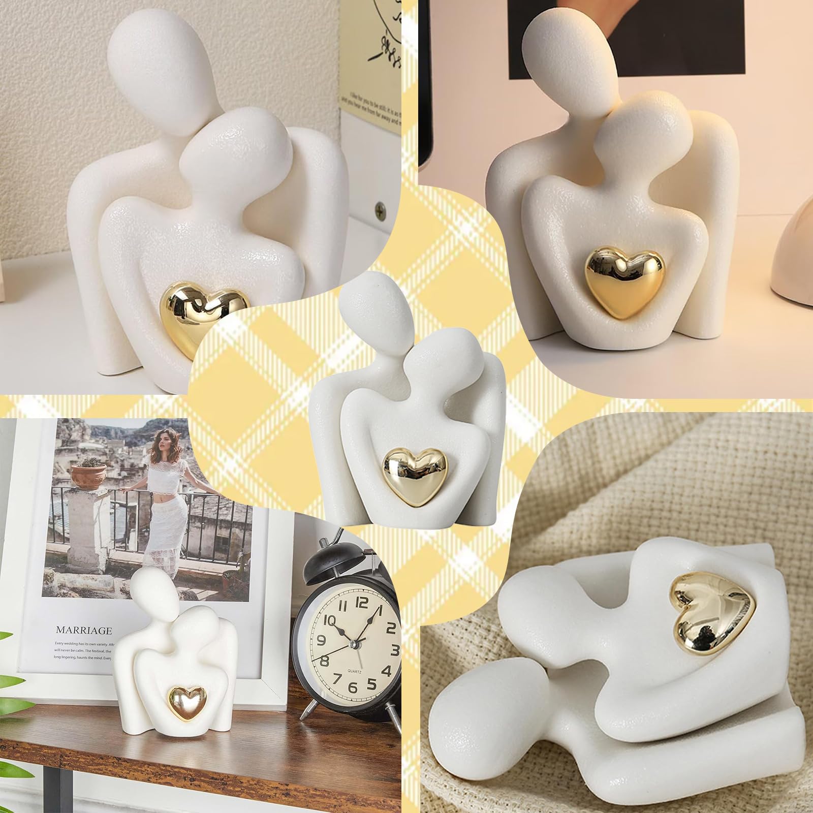 TENGWA Romantische Paar Statue Weiß Wohnzimmer Deko Moderne Keramik Figuren 8,5 cm Figuren Deko Paar Herzförmige Paarfigur Dekofiguren für Wohnzimmer Schlafzimmer Bücherregal