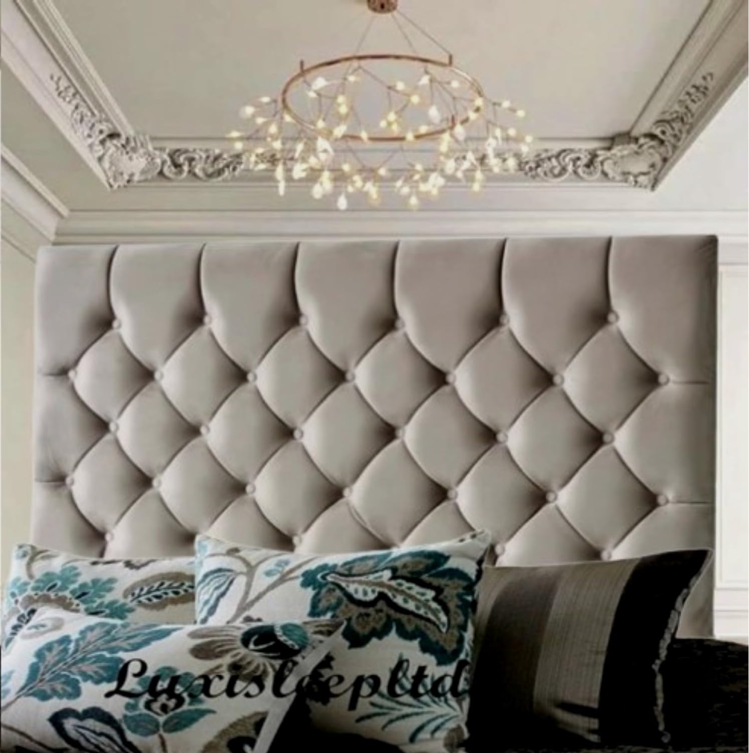 luxisleepltd Chesterfield Velvet Tufted Upholstered Headboard, 51cm, 66cm, 76cm, 91cm Tall, 3FT, 4FT, 4FT6, 5FT Wide for Divan Bed (Grey, 4ft-26''Tall)