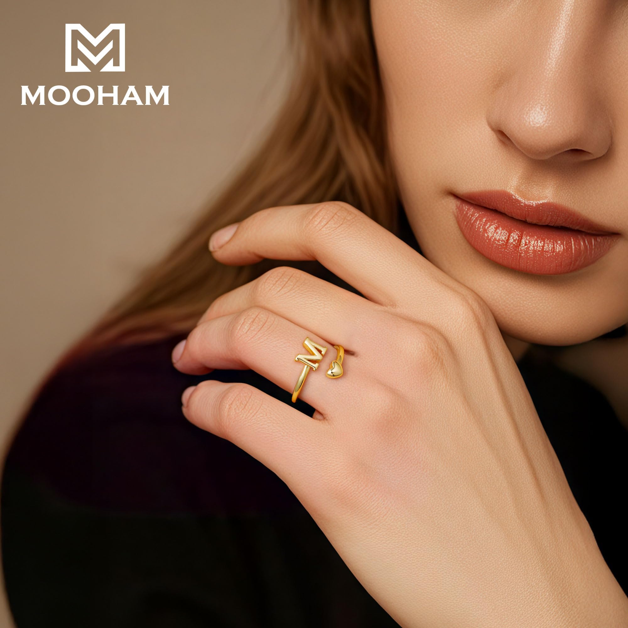 M MOOHAM Stocking Stuffers for Teen Girls Women - Gold Rings for Women Girls 14K Gold Plate Initial Rings for Women Non Tarnish Letter A- Z Dainty Heart Ring Adjustable Pinky Ring Personalized Jewelry Gifts