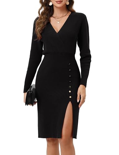 KOJOOIN Strickkleid Damen V Ausschnitt Langarm Pulloverkleid Elegant Wickelkleid Tunika Knielang Partykleid für Herbst Winter (Verpackung MEHRWEG)